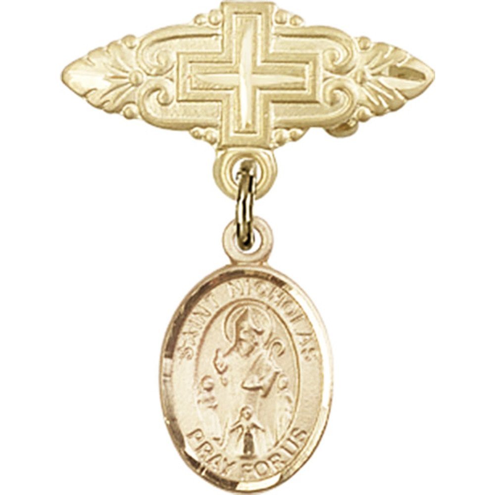 Gold Filled Baby Badge with St. Nicholas Charm & Cross Pin - 1 X 3/4 Inch Religious Jewelry - Perfect for Christening Gifts, Baptism Keepsakes & First Communion Accessories