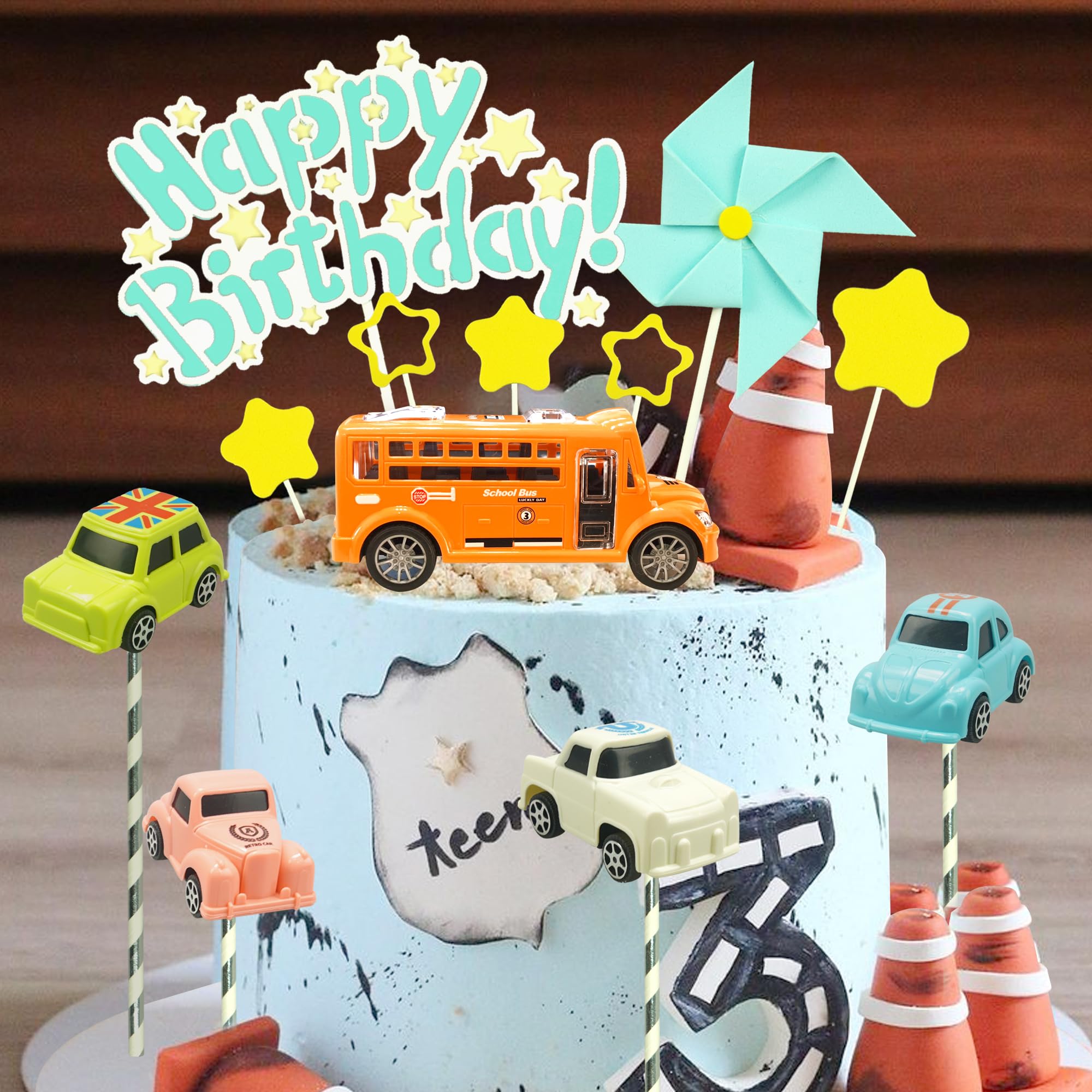18pcs Car Cake Toppers - School Bus, Race Car & Windmill Vehicle Figures for Boys Birthday Party Decorations | Cute Car Theme Cake Decor for Kids Birthday, Baby Shower & School Celebrations