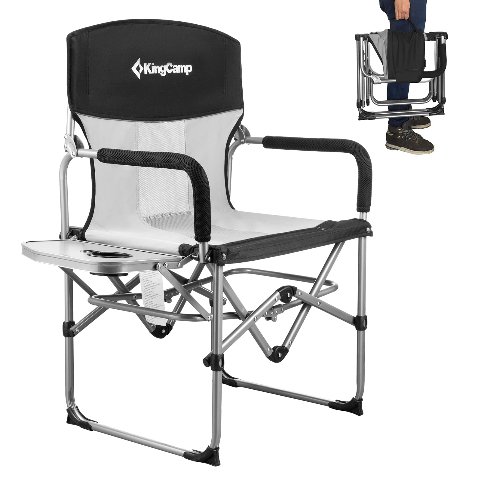 KingCamp Heavy Duty Folding Camping Chair for Adults with Side Table - 300lbs Weight Capacity - Portable Outdoor Chair for Camping, Picnic, Beach, Backyard & Travel (Black/Grey) - Perfect for Backyard BBQs, Beach Relaxation & Outdoor Adventures