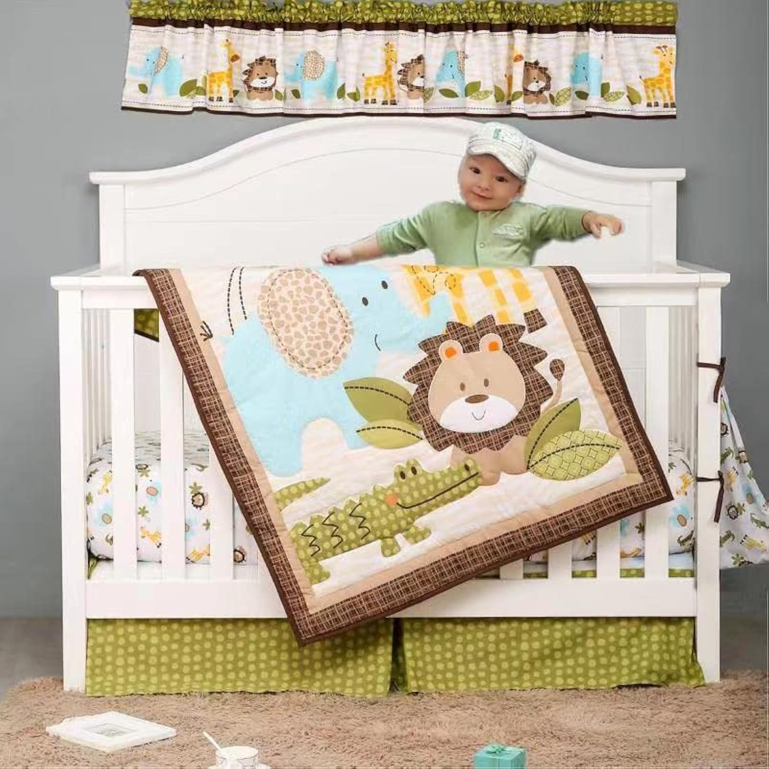 4-Piece Baby Animal Safari Crib Bedding Set - Elephant, Lion, Giraffe & Crocodile Print - Includes 1 Quilt, 1 Fitted Sheet, 1 Crib Skirt & 1 Diaper Storage Bag - Perfect for Nursery Decor, Baby Shower Gifts & Jungle-Themed Bedrooms