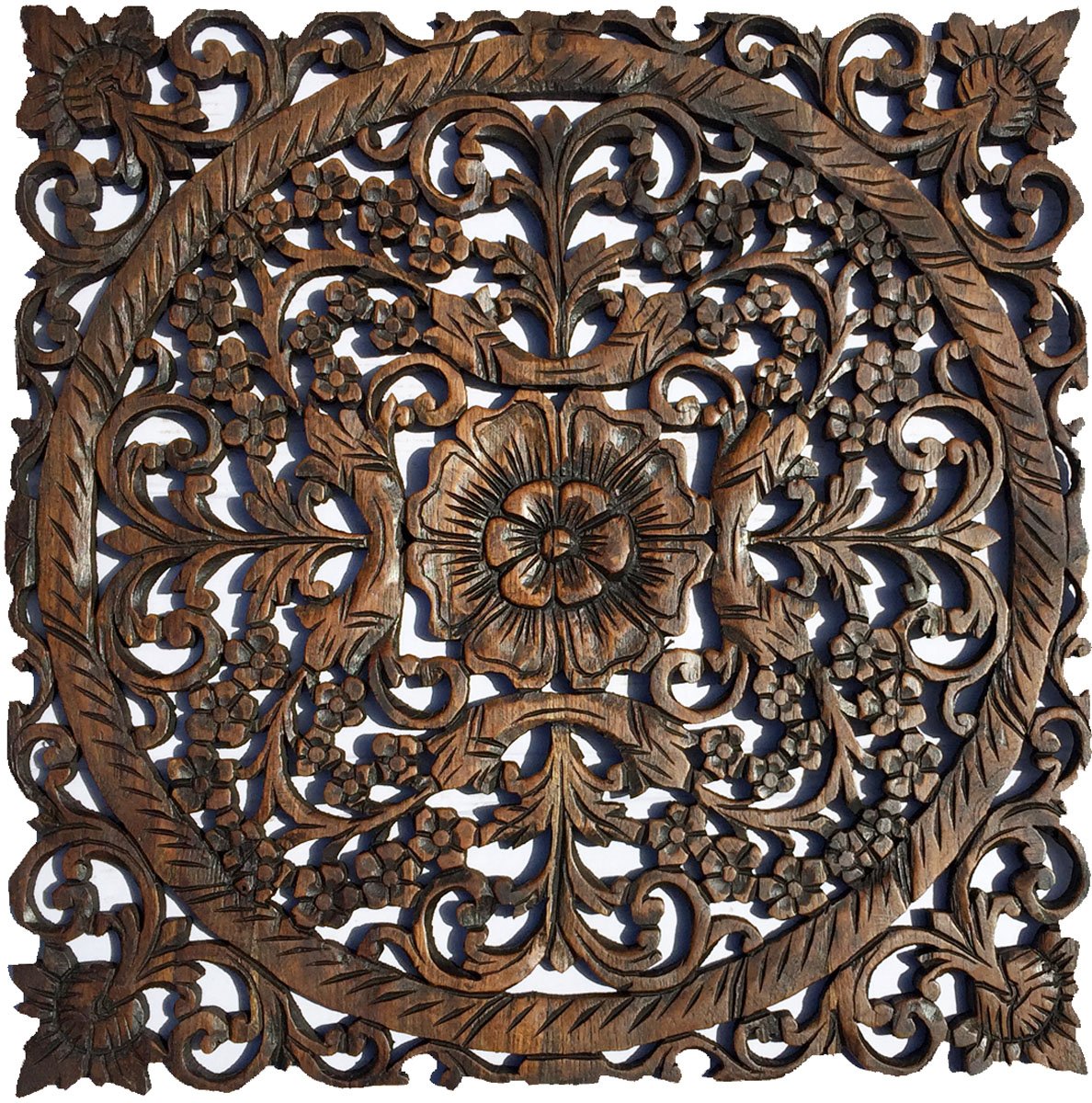 Large Wood Wall Art - Handcrafted Oriental Floral Carved Wood Panel Decor | Asian Inspired Home Decoration | Rustic Wall Hanging 24