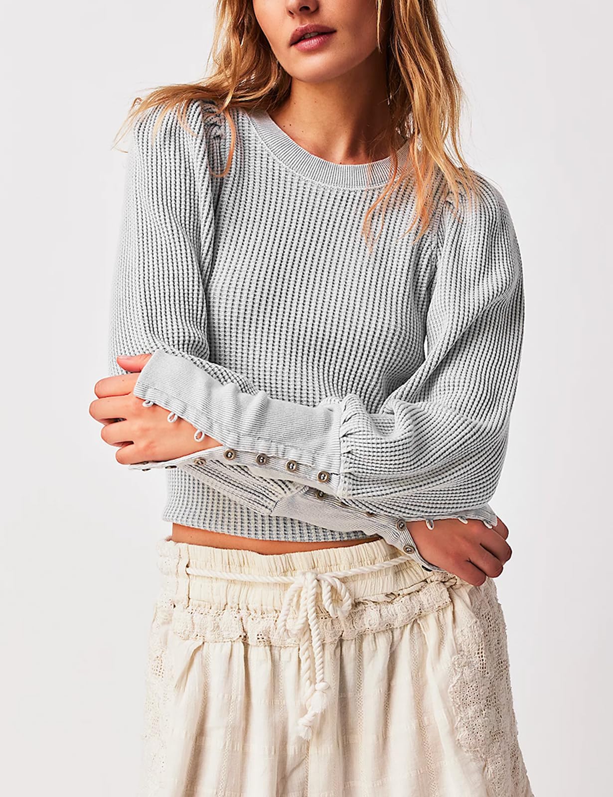 Women's Puff Sleeve Long Sleeve Shirt - Trendy Waffle Knit Crewneck Top - Casual Loose Blouse for Women - Perfect for Fall Outfits, Workwear & Weekend Brunch