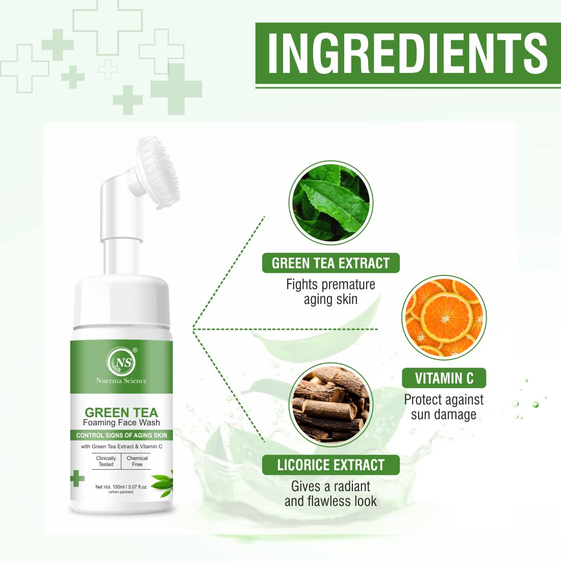 Nuerma Science Green Tea Foaming Face Wash with Vitamin C & Mulethi Extract - Anti-Aging, Hydrating & Brightening Facial Cleanser for Glowing Skin (150ml) | Perfect for Daily Skincare Routine & Removing Impurities