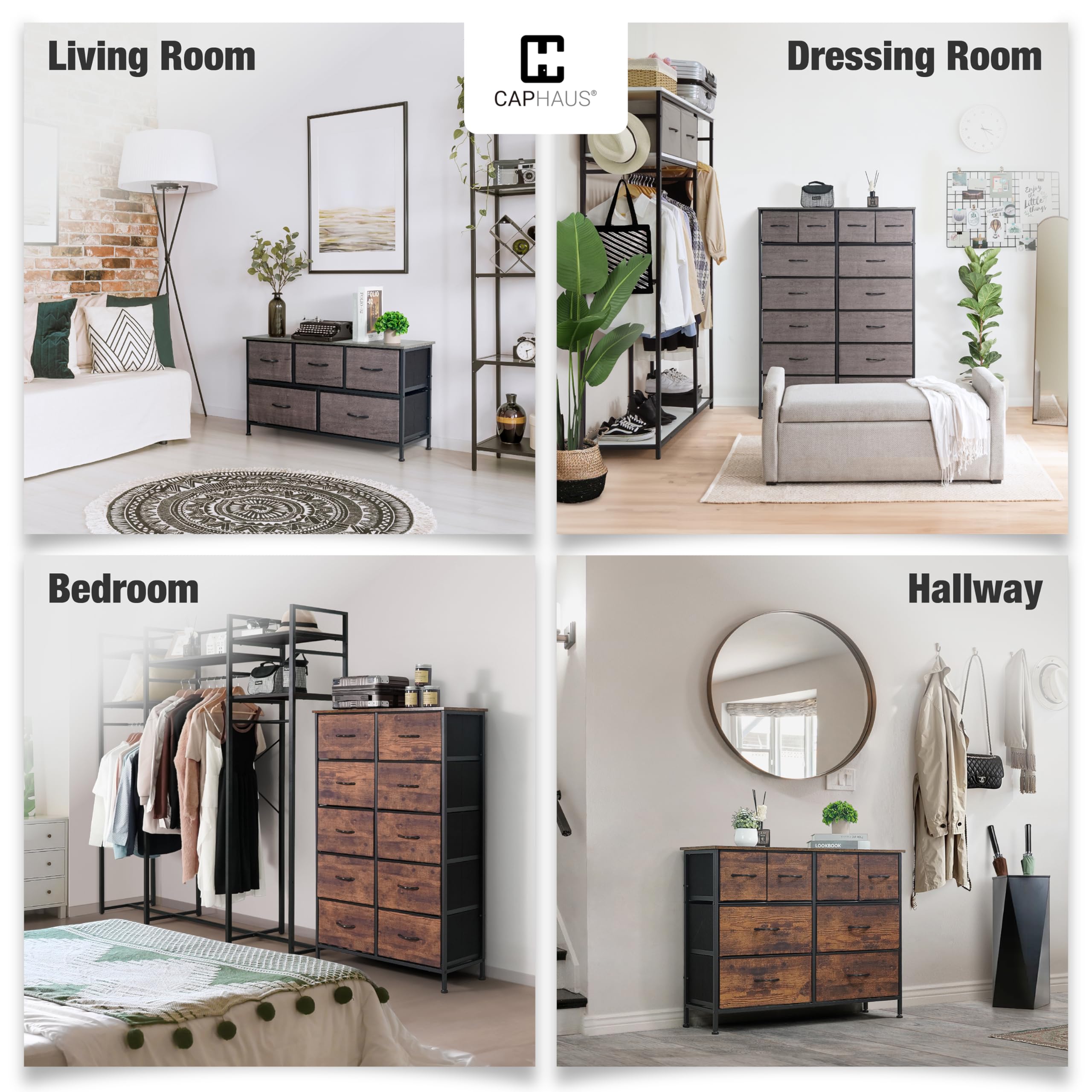 CAPHAUS 15-Bin Fabric Drawer Storage Tower with P2 Board Top - Laundry Organizer, Clothes Sorter, Multi-Purpose Chest of Drawers for Bedroom, Hallway & Office - Rustic Oak Finish for Home Organization
