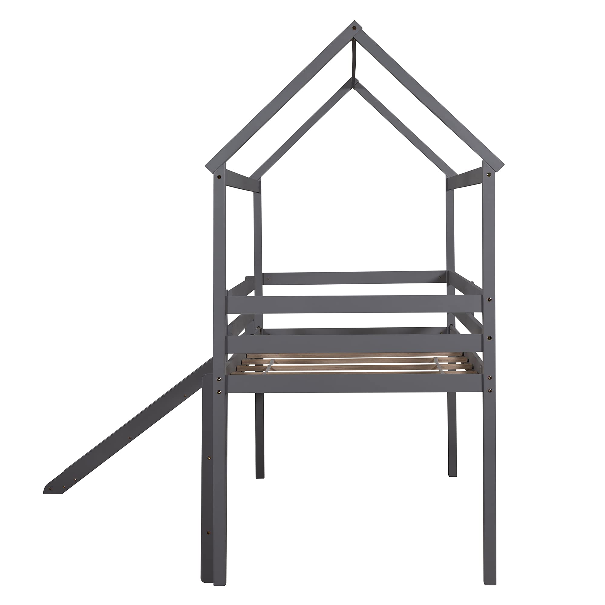 Solid Wood Kids Loft Bed with Slide - Twin Size Wooden House Bed Frame with Roof & Ladder - No Box Spring Needed - Gray - Perfect for Small Bedrooms & Playrooms