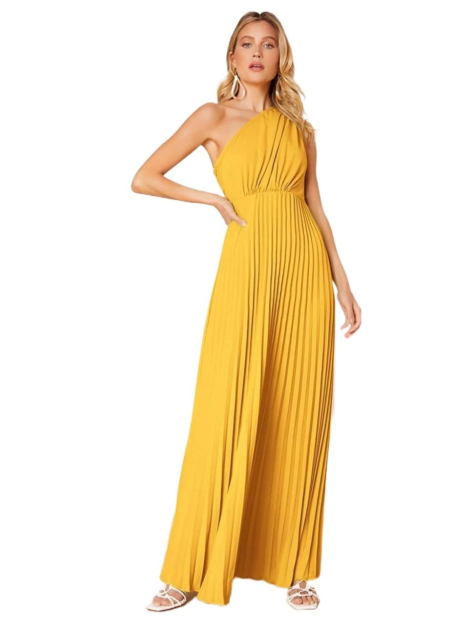 Stylish SDAUYDGYG Bofaaa Women's One Shoulder Solid Pleated Dress - Yellow (Size P) | Perfect for Summer Parties, Beach Vacations & Date Nights