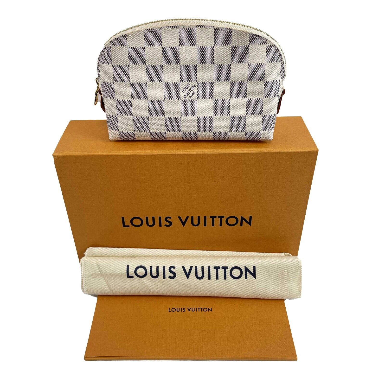 Louis Vuitton Damier Azur Canvas Cosmetic Pouch - White Designer Makeup Bag with Box | Travel Organizer & Luxury Accessory Storage