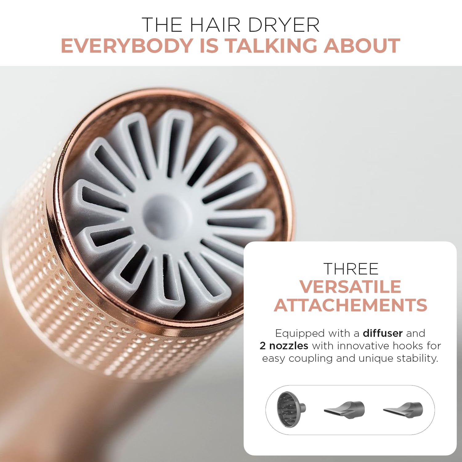 GAMA Italy Professional Hair Dryer - Lightweight 1875W Salon Blow Dryer with Diffuser & 2 Nozzles, Rose Gold (Under 1LB) for Smooth, Fast Drying at Home & Salon