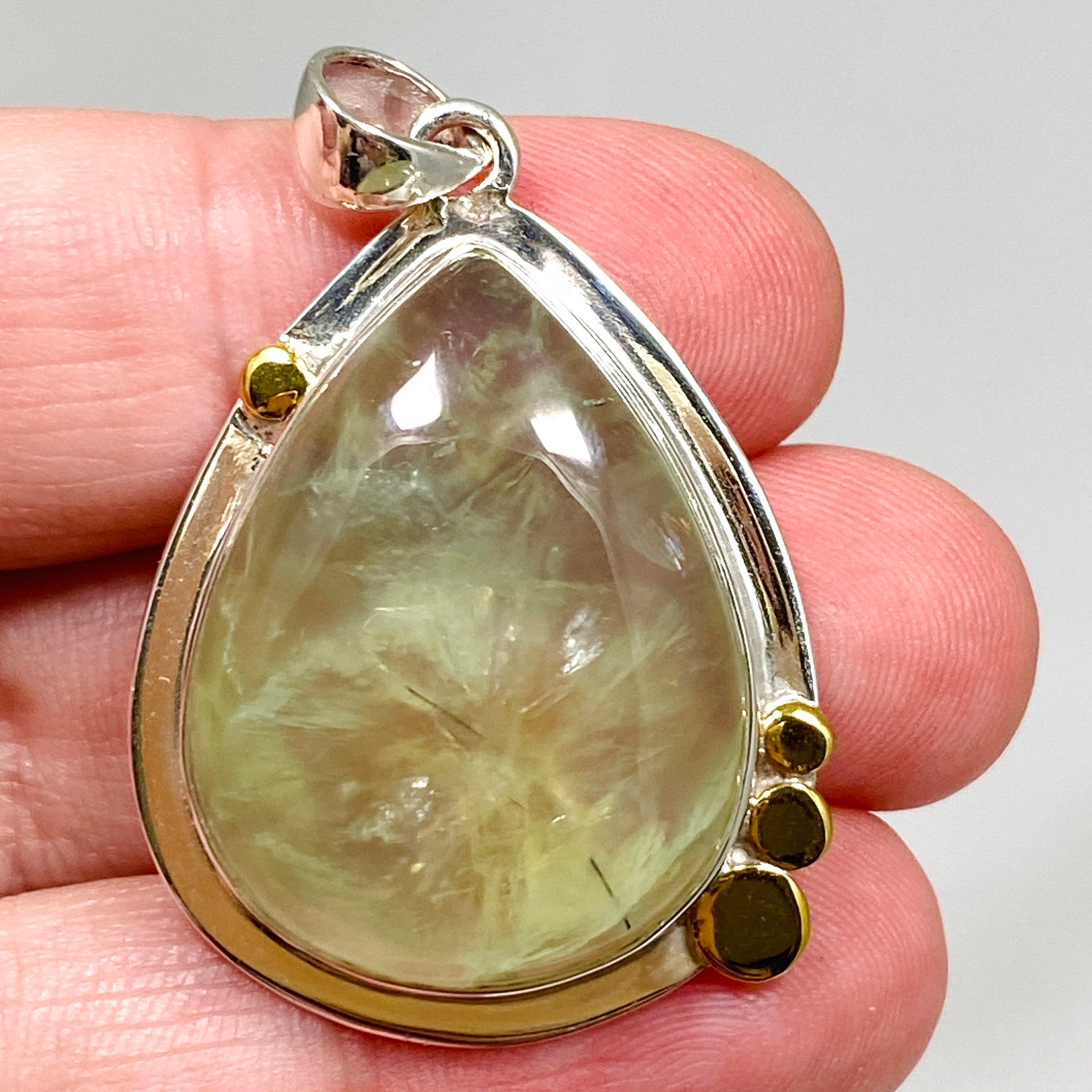 Prehnite Teardrop Pendant Necklace with Brass Accents - KPGJ4294 | Elegant Boho Jewelry for Women, Perfect for Everyday Wear & Special Occasions