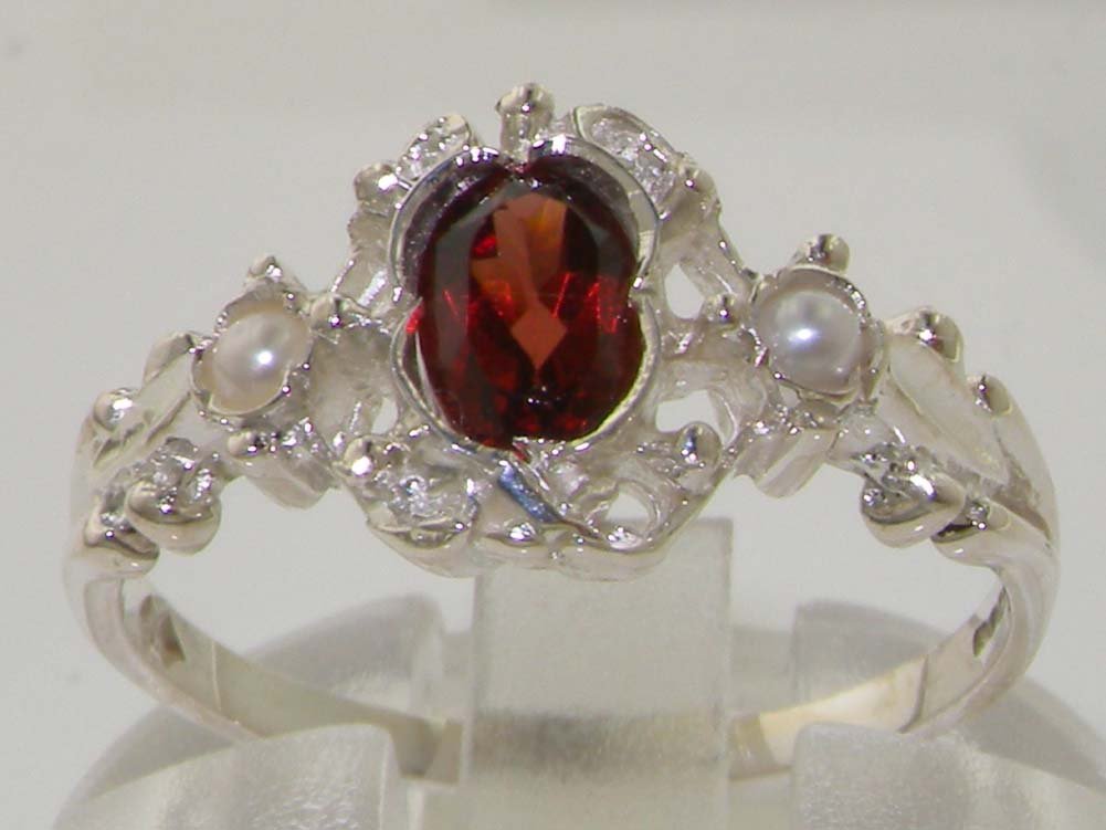 10k White Gold Genuine Garnet & Cultured Pearl Women's Band Ring - Elegant Jewelry Gift for Anniversary, Birthday & Special Occasions