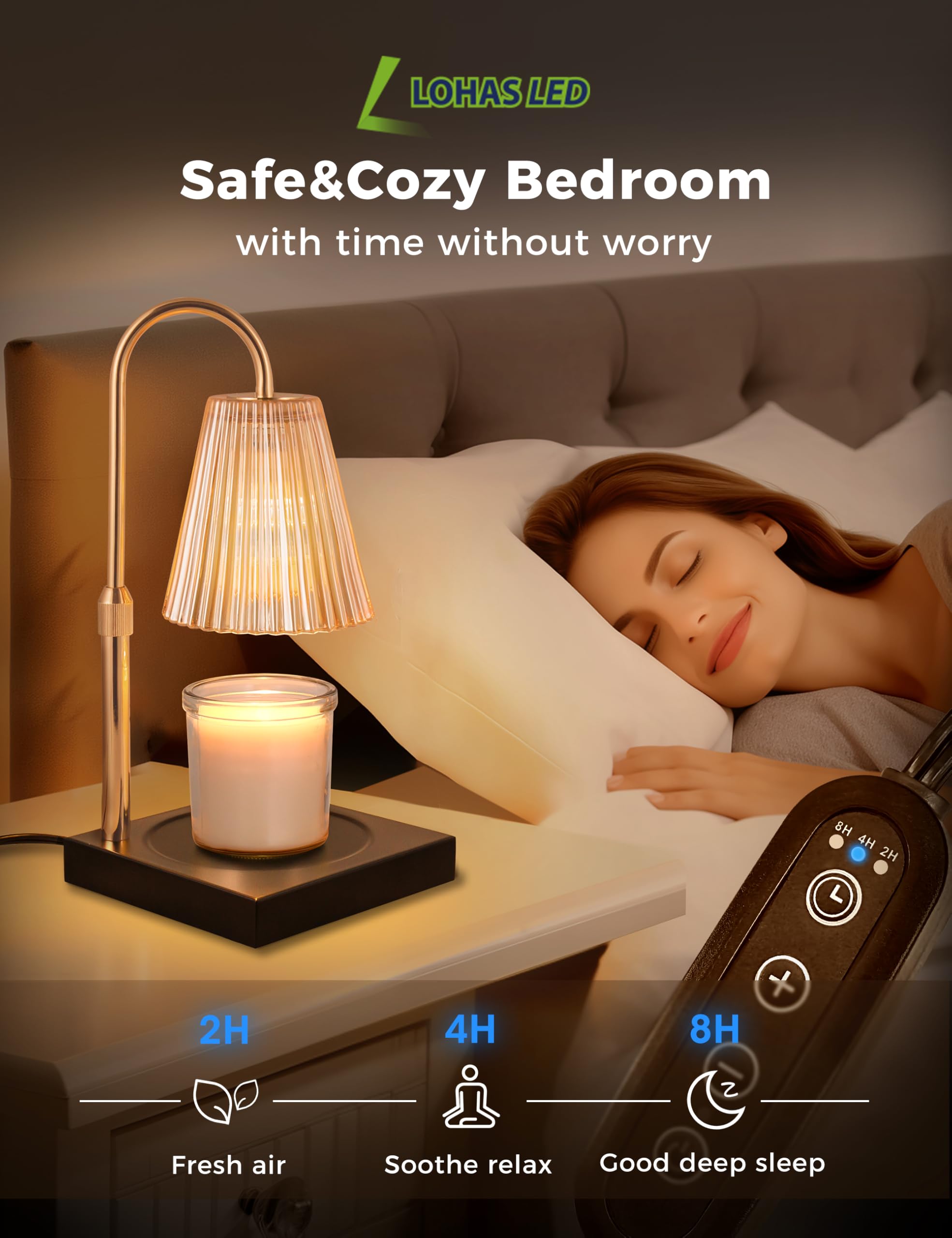 L LOHAS LED Candle Warmer Lamp - Dimmable Electric Candle Warmer with 2H/4H/8H Timer, Adjustable Height & Heat Settings for Large Jar Candles - Perfect for Home Decor, Romantic Dinners, Spa Relaxation & Holiday Ambiance