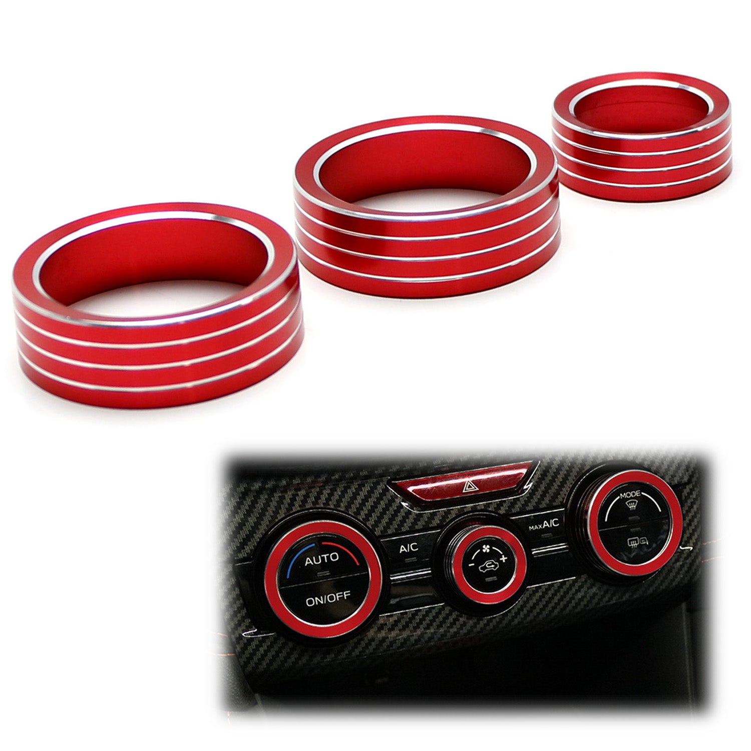 3-Piece Red AC Climate Control Switch Knob Ring Covers for Subaru 2018+ XV Crosstrek - Interior Car Accessories for Customization & Protection