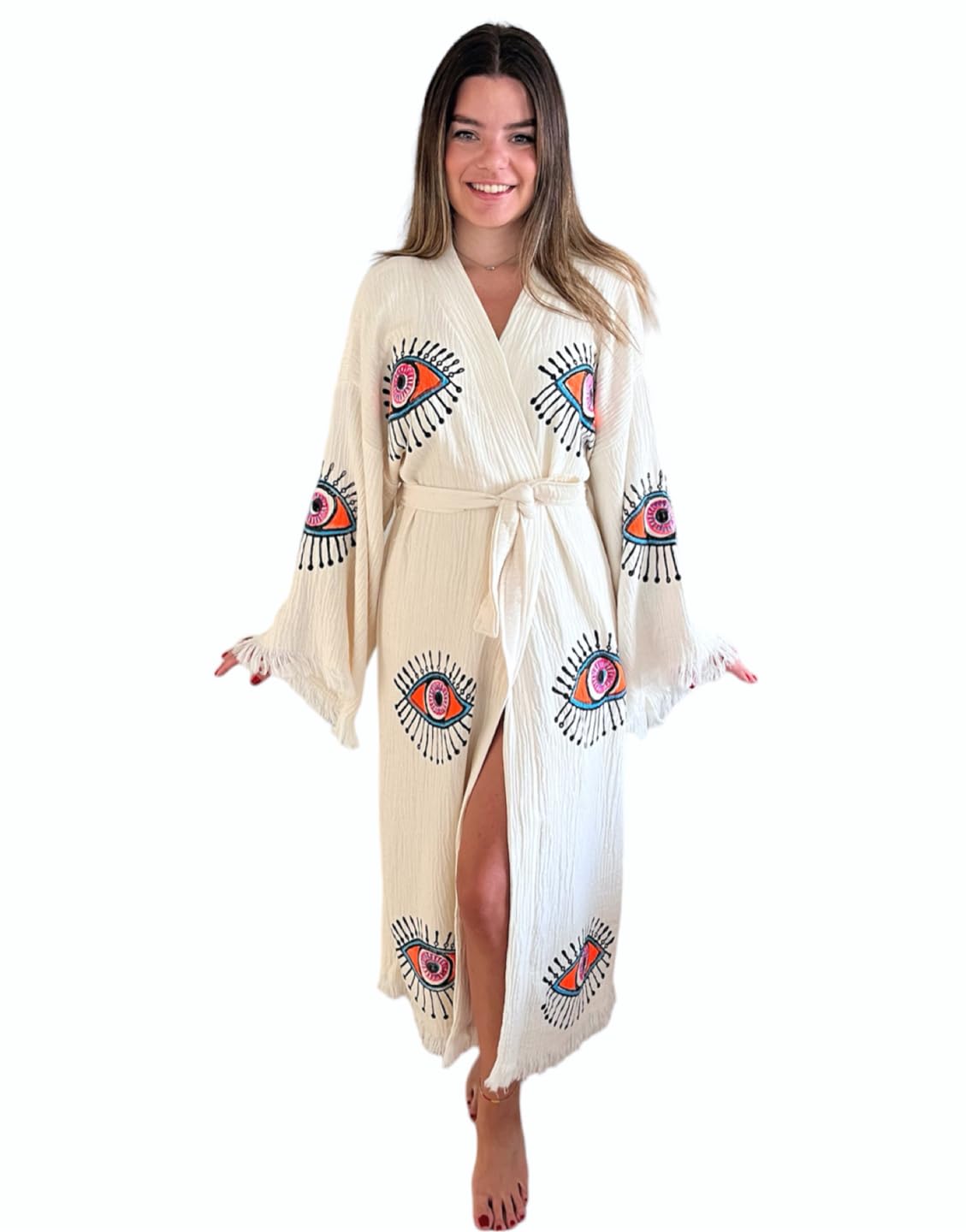 Handmade Evil Eye Kimono - Women's Beach Cover Up, Festival Bohemian Robe, Boho Cotton Cardigan & Dressing Gown for Summer, Poolside, Music Festivals & Relaxation at Home