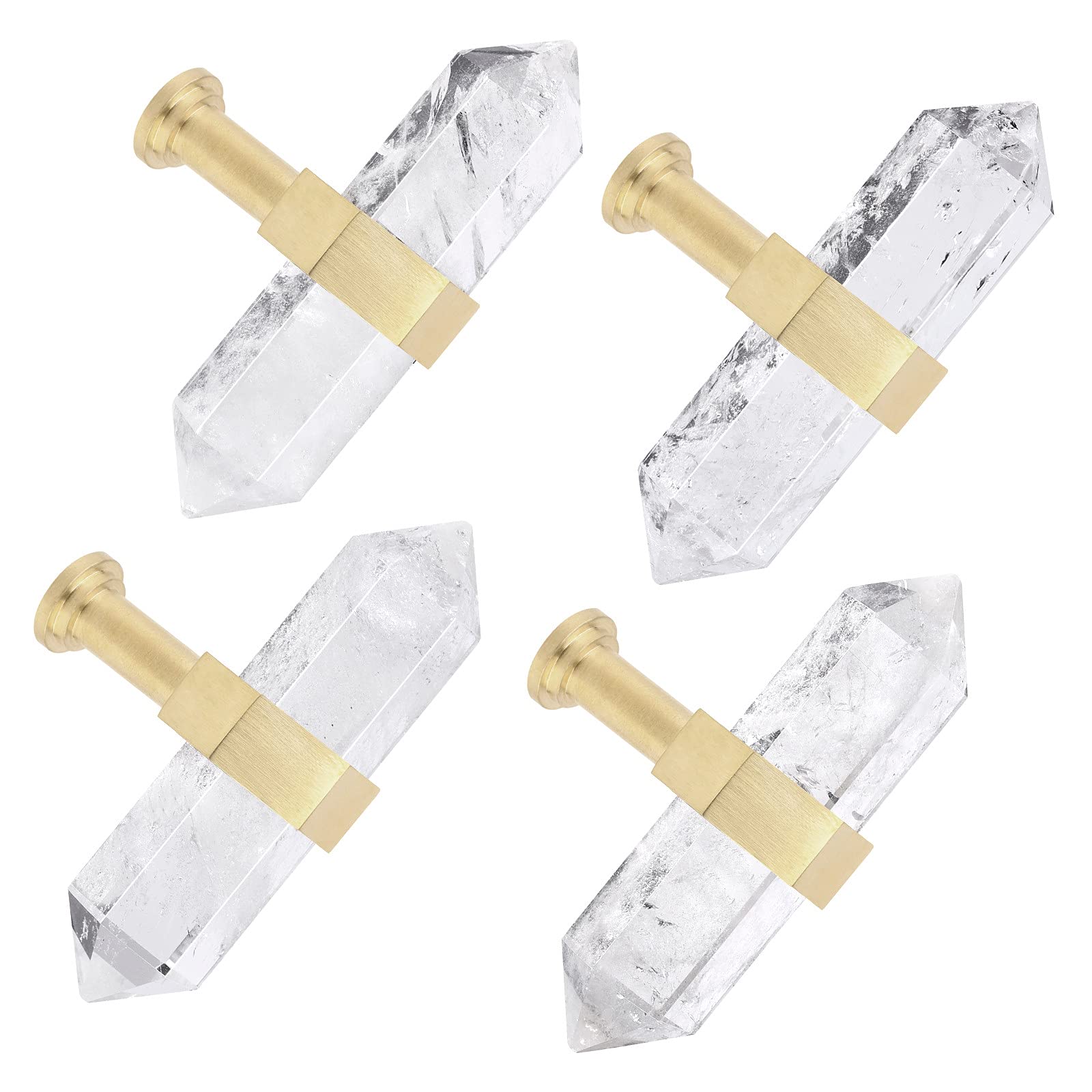 Rock Quartz Crystal Drawer Knobs Set of 2 - Brushed Brass Cabinet Handles for Kitchen & Dresser Decor