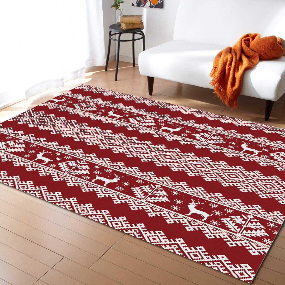 4' x 6' Christmas Reindeer Area Rug - Non-Slip Indoor Outdoor Rug, Easy Clean Scandinavian Winter Design for Living Room, Patio, Deck & Picnic - Holiday Home Decor Gift