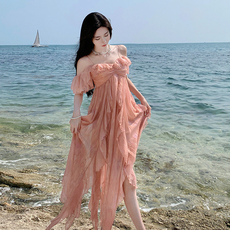 Elegant French Fairy Ruffles Long Dress - Off Shoulder Thin Strap Summer Maxi Dress for Women | Perfect for Beach Vacations, Weddings & Date Nights