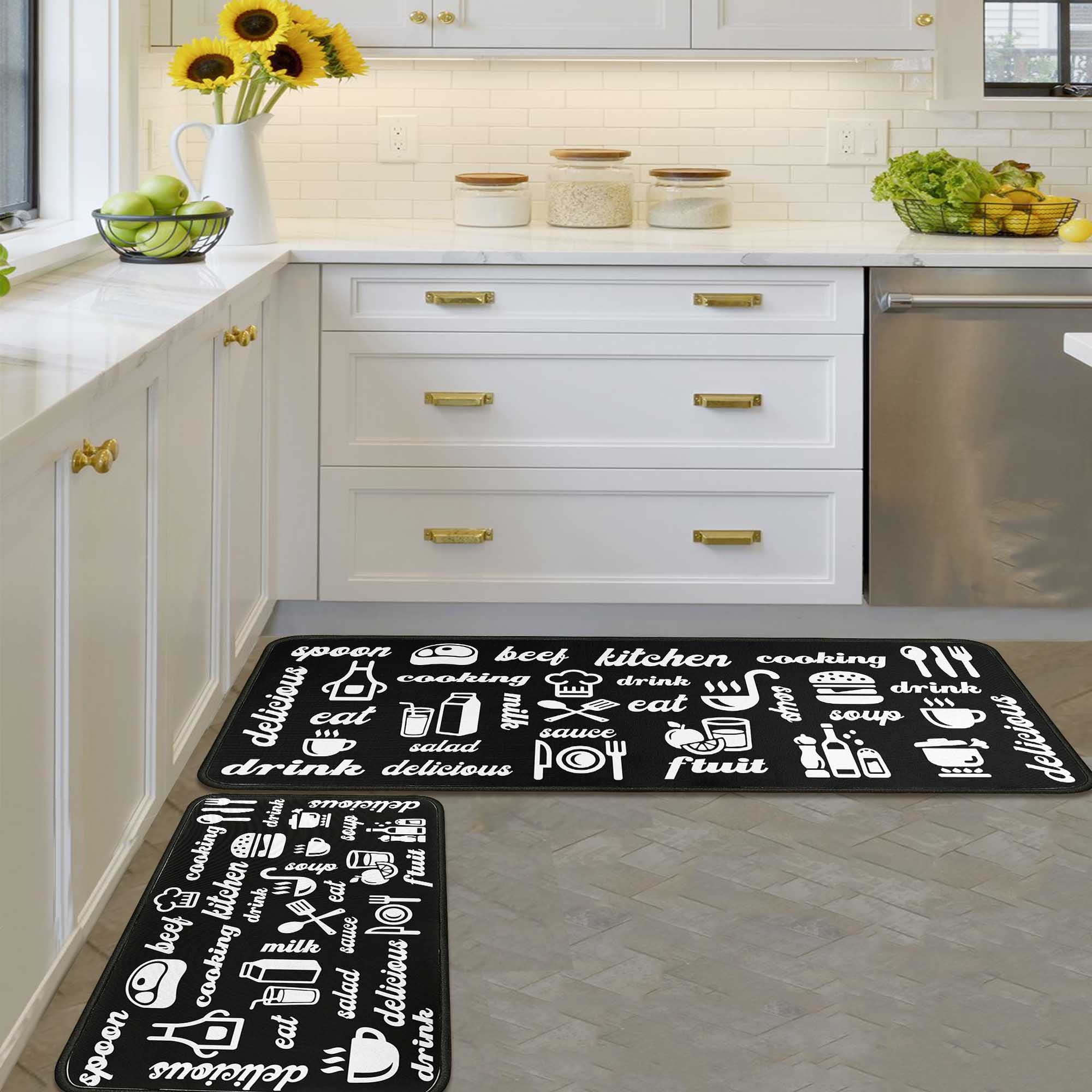 Black Kitchen Rugs Set of 2 - Non-Slip Washable Kitchen Floor Mats & Doormat Runner Rug - 17