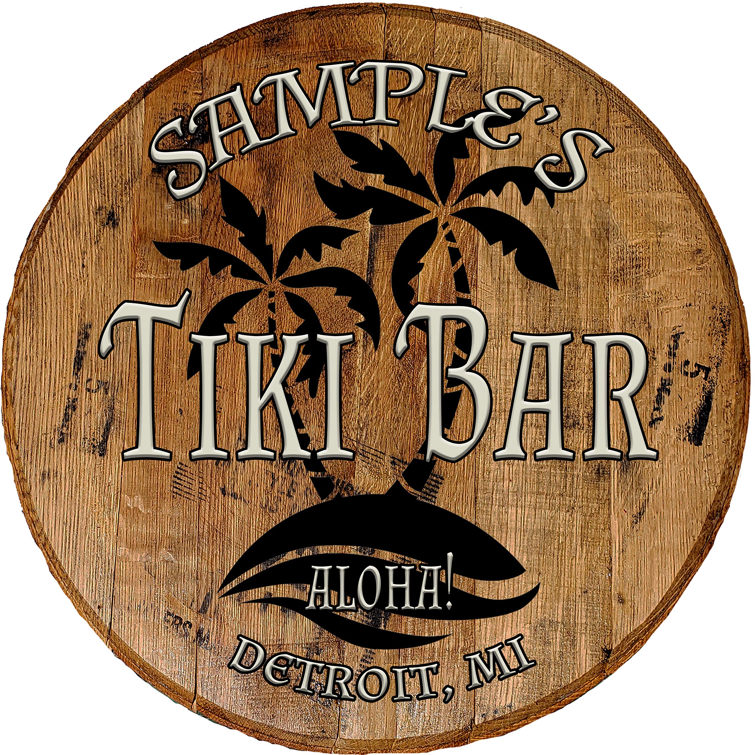 Custom Personalized Tiki Bar Sign - 22 Inch Round Oak Barrel Top Wall Decor for Beach Themed Home Bars - Perfect for Luau Parties, Backyard Decor & Tropical Gifts