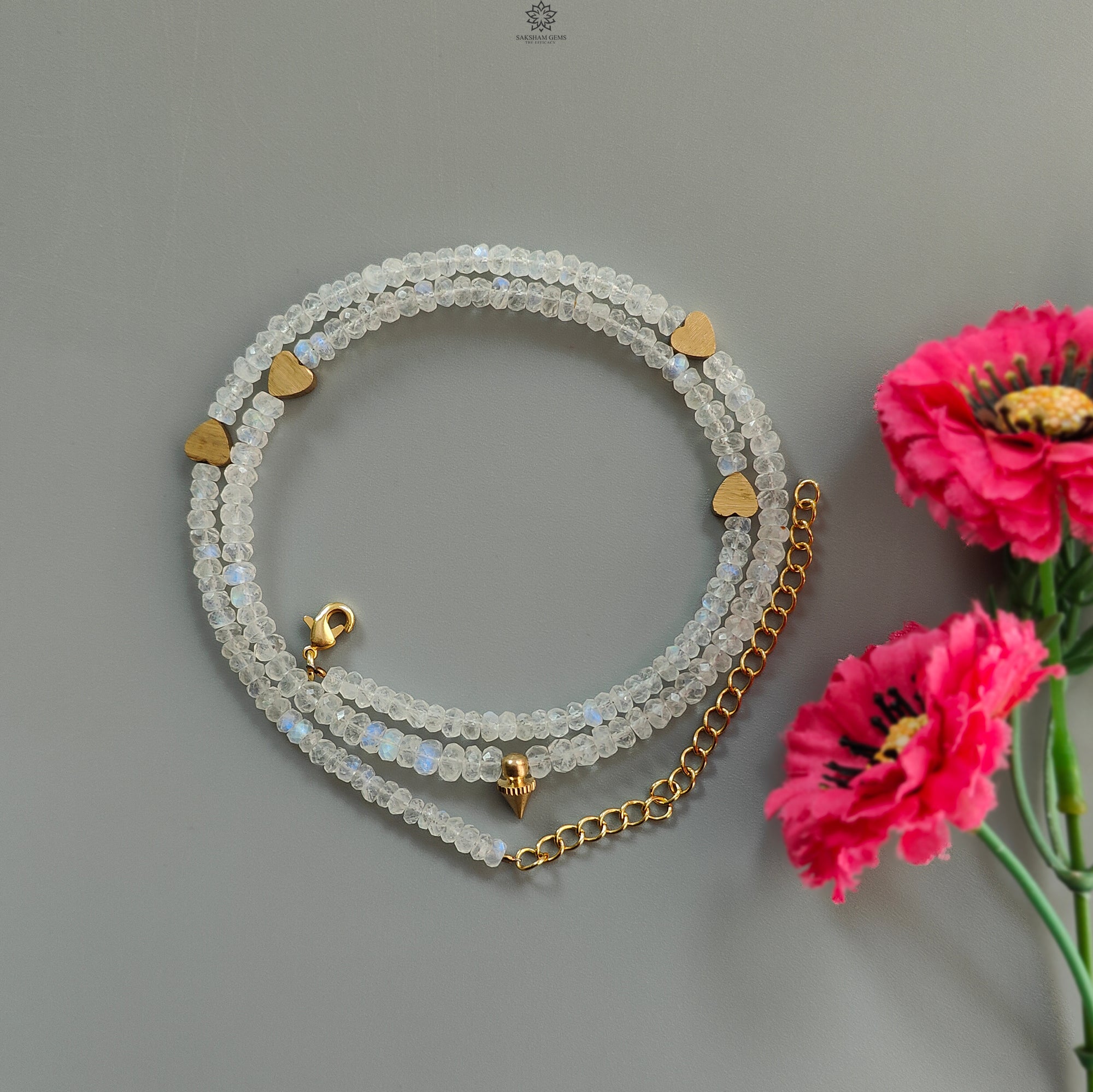Natural Rainbow Moonstone Gemstone Beads Necklace - 17.96g Plain Rondelle Brass Jewelry, 19.5 Inch June Birthstone for Women | Perfect for Spiritual Healing, Meditation & Boho Fashion
