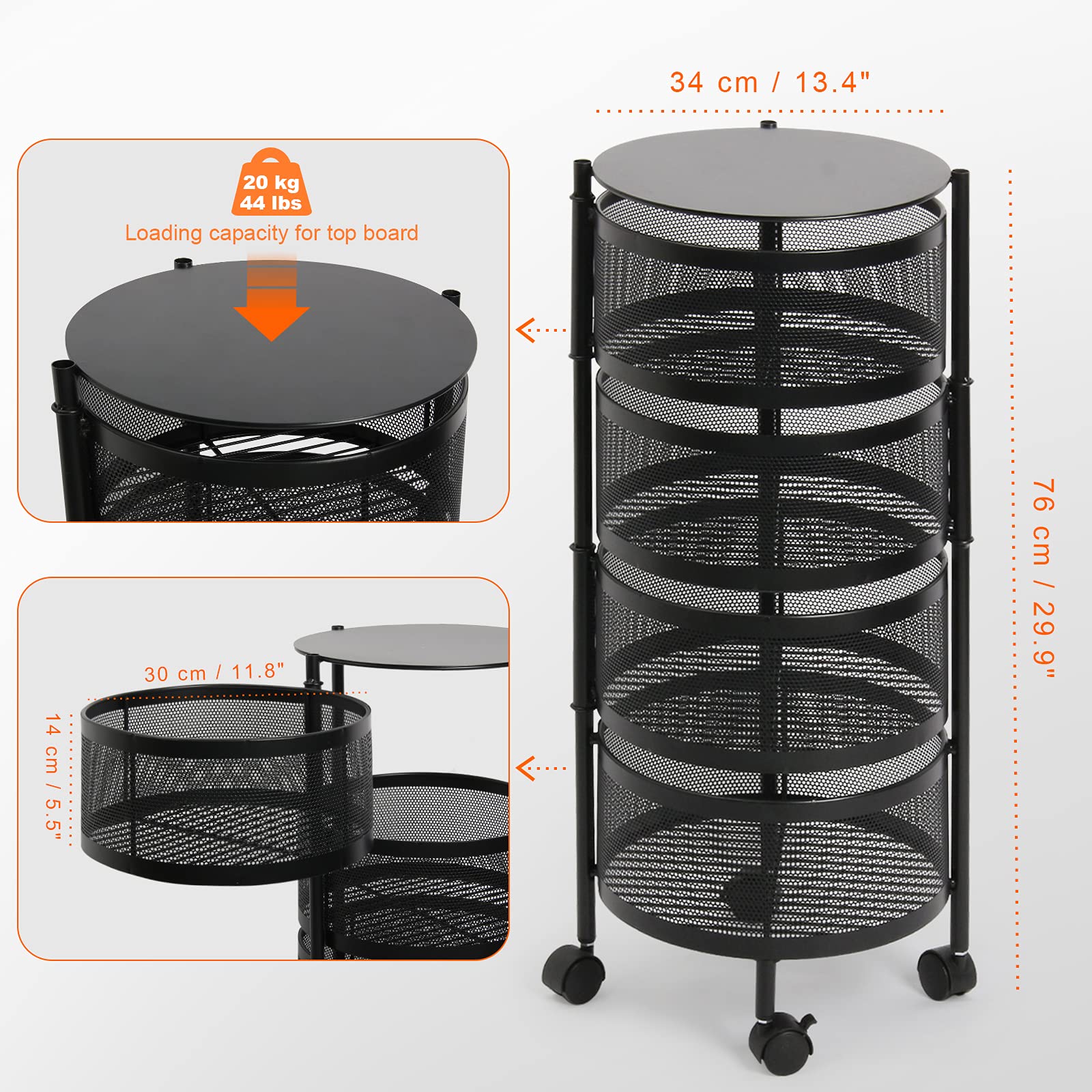 Todeco 360° Rotating Storage Rack - 5-Tier Multi-Purpose Organizer Shelf for Kitchen, Living Room | Space-Saving Floor Standing Fruit Vegetable Basket | Durable Black Home Storage Solution (Perfect for Small Spaces & Clutter-Free Organization)