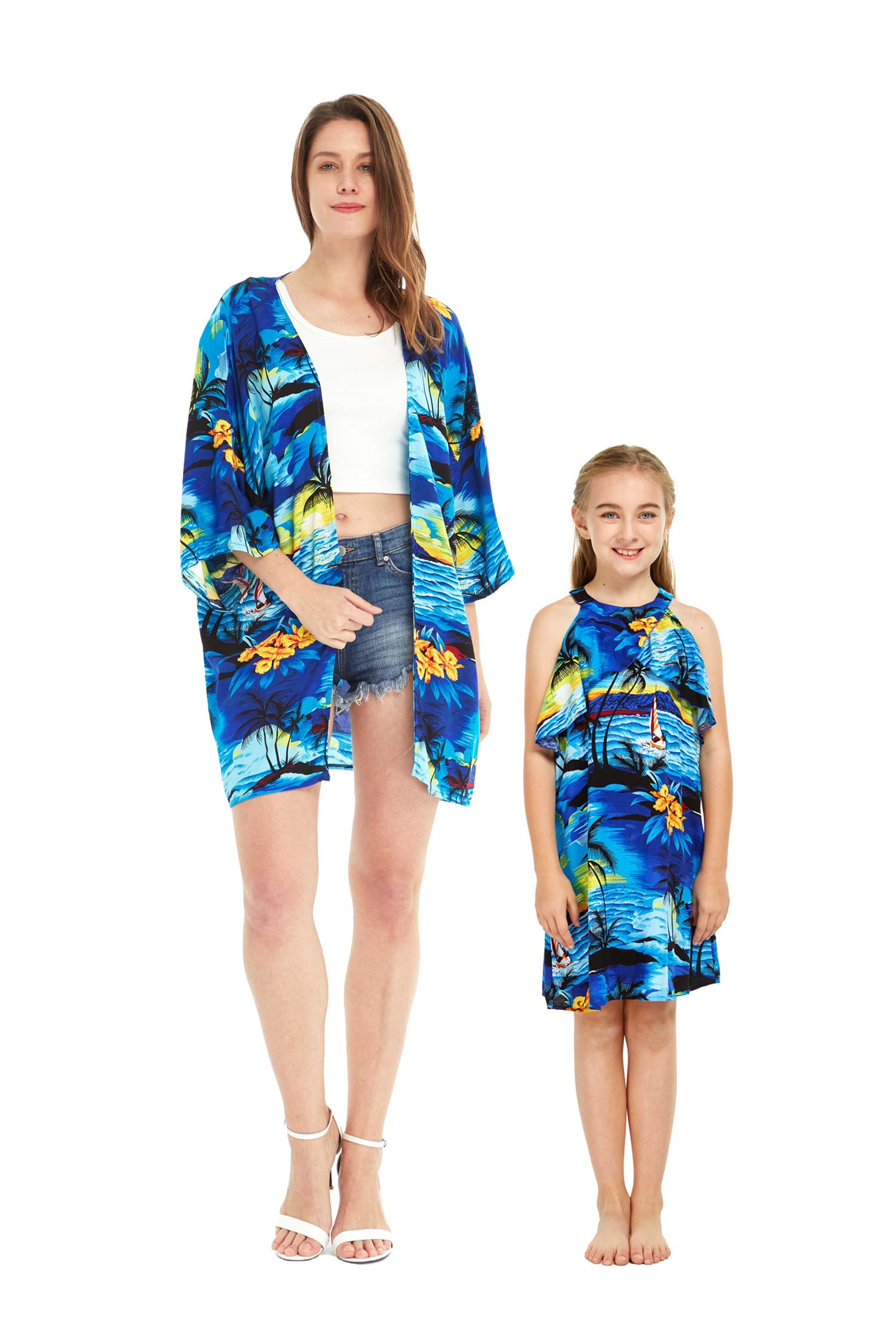 Hawaiian Luau Kimono Dress for Women & Girls - Sunset Blue Matching Mother Daughter Outfits - Beach Party, Summer Vacation & Tropical Events Wear - Perfect for Luau Parties, Beach Getaways, Family Photos & Hawaiian Themed Events - Great for Poolside Relaxation, Vacation Photoshoots & Resort Wear - Ideal for Beach Weddings, Tropical Vacations & Family Reunions | Stylish & Comfortable for Beach Walks, Sunset Dinners, Resort Lounging & Tropical Getaways