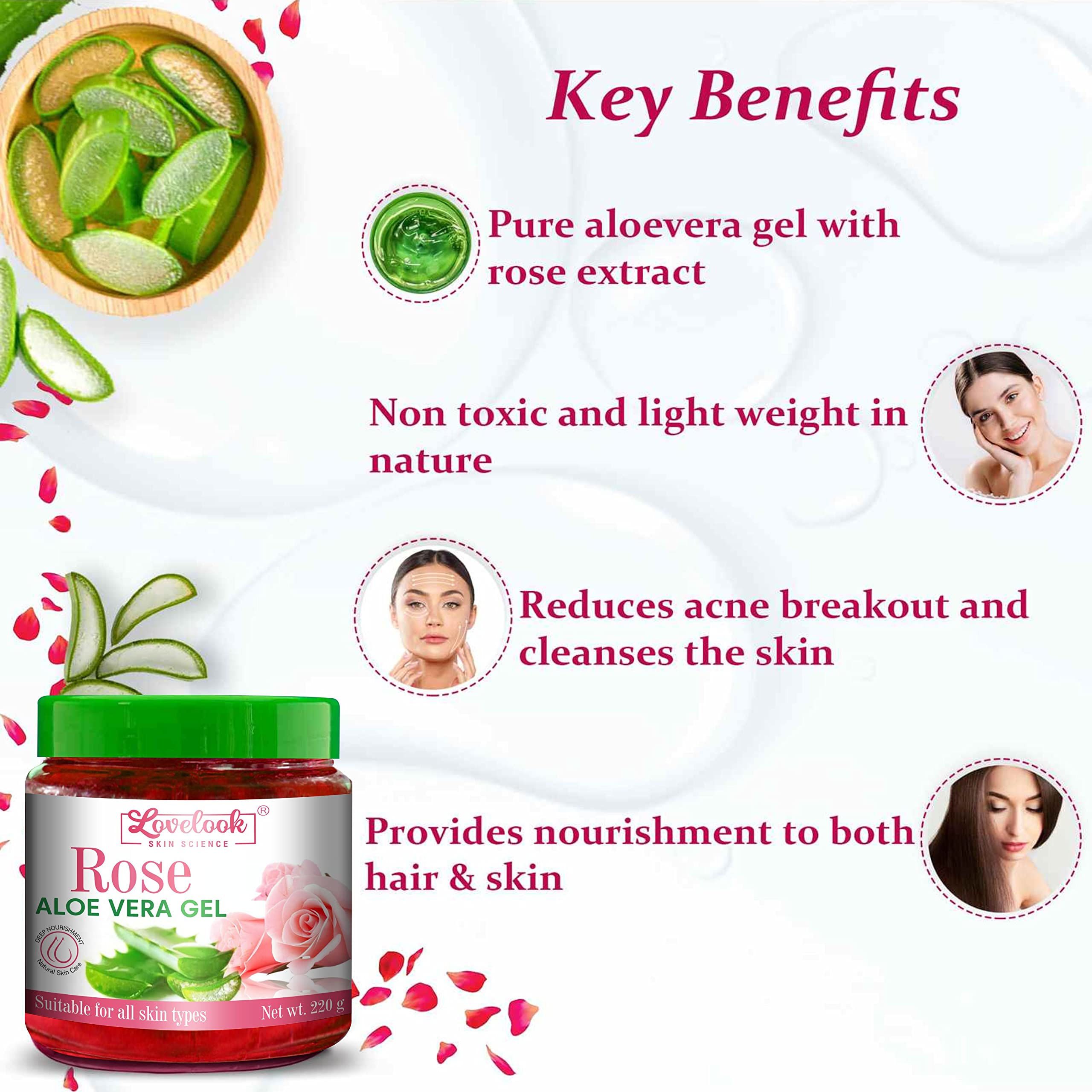 Lovelook 100% Pure Rose Aloe Vera Gel for Skin & Hair Care - 8oz (220g) - Hydrating Face Moisturizer, Sunburn Relief & Hair Conditioner - Perfect for Daily Skincare Routine & After Sun Treatment