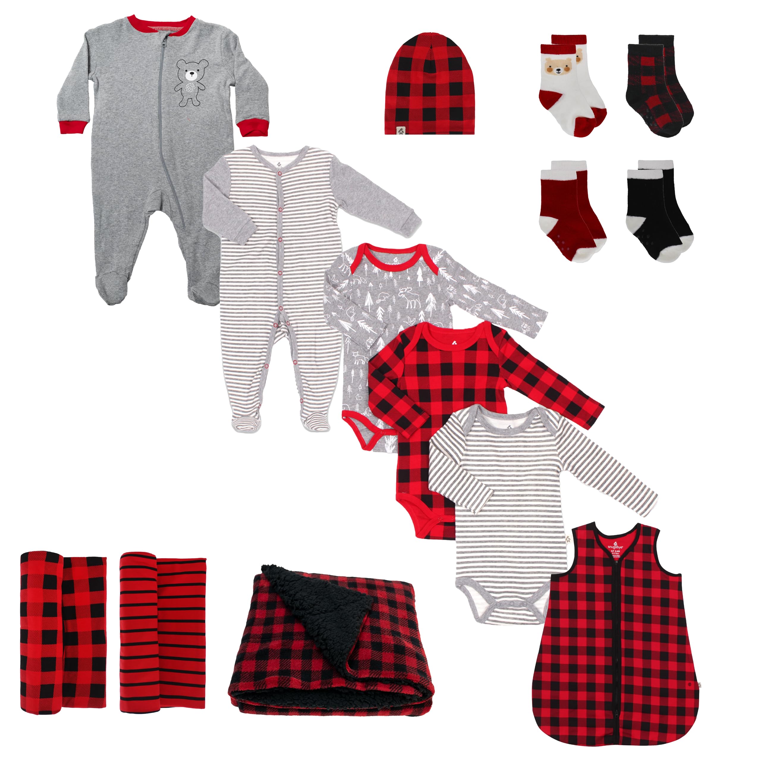 Snugabye Buffalo Plaid Collection - Unisex Baby Clothes Set | Newborn Layette & Accessories Gift Bundle for Boys & Girls | Perfect for Baby Showers, Christenings & First Photos
