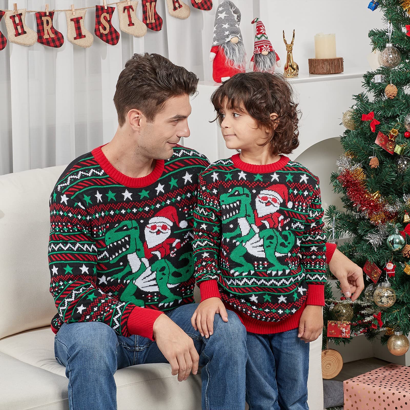Dinosaur Christmas Sweaters - Family Matching Holiday Party Outfits for Festive Fun