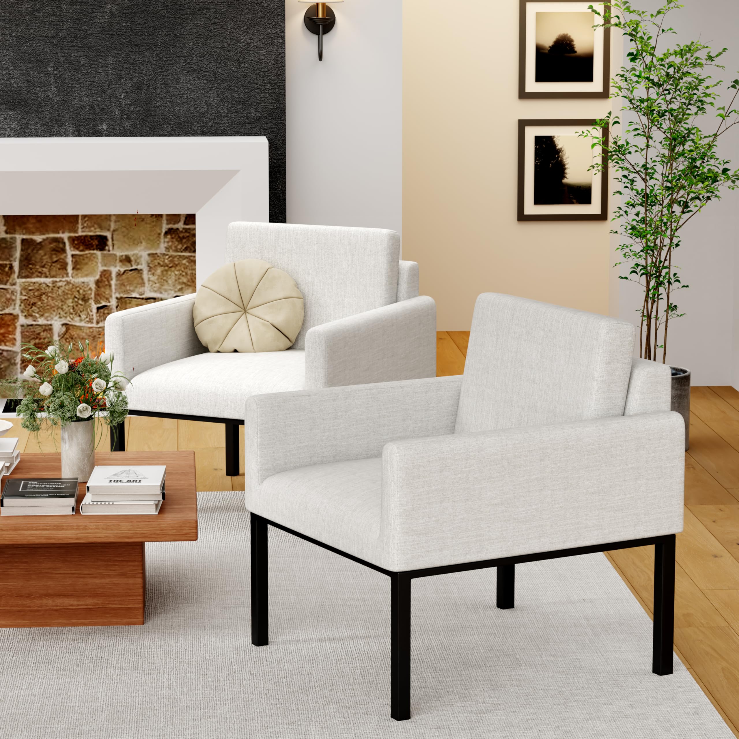 Andeworld Mid Century Modern Accent Chair - Grayish White Upholstered Armchair for Living Room, Bedroom & Apartment - Perfect for Reading, Lounging & Relaxing - Elegant Home Decor & Comfortable Seating Solution