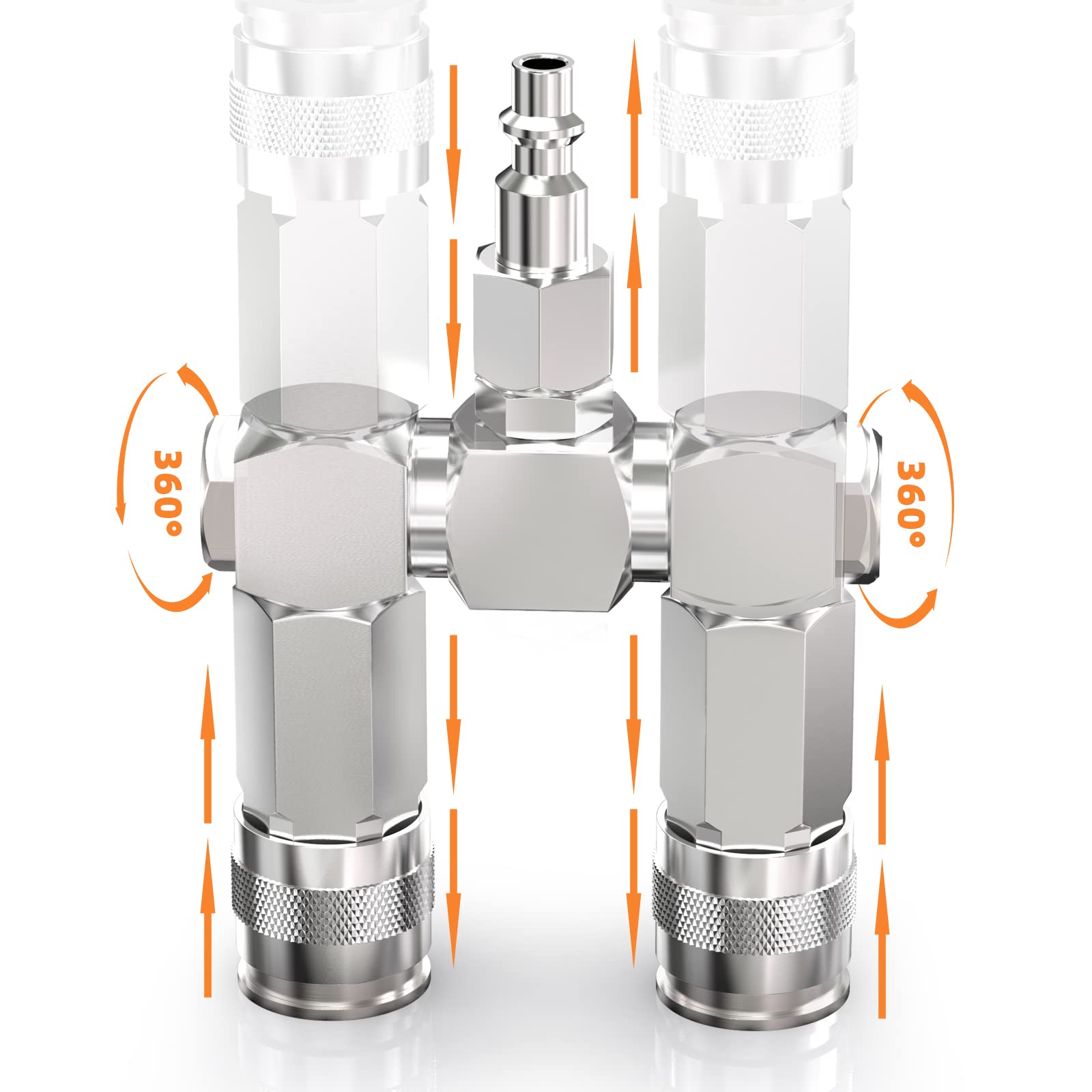 GASHER 2-Way Air Manifold - 3 Port Steel Industrial Pneumatic Air Compressor Quick Connect Swivel 360° Hose Splitter with 2 Couplers & 1/4