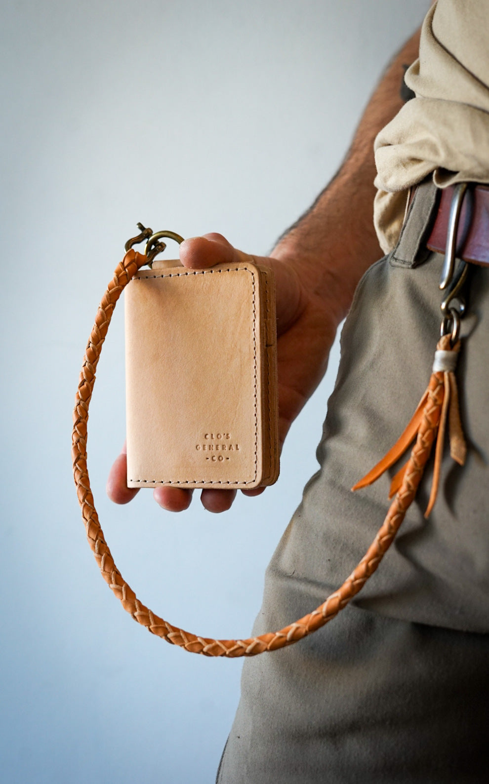 Mini Trucker Wallet with Braided Lanyard - Genuine Natural Vegetable Tanned Leather - Compact RFID Blocking Bifold Wallet for Men - Perfect for Travel, Work & Everyday Carry
