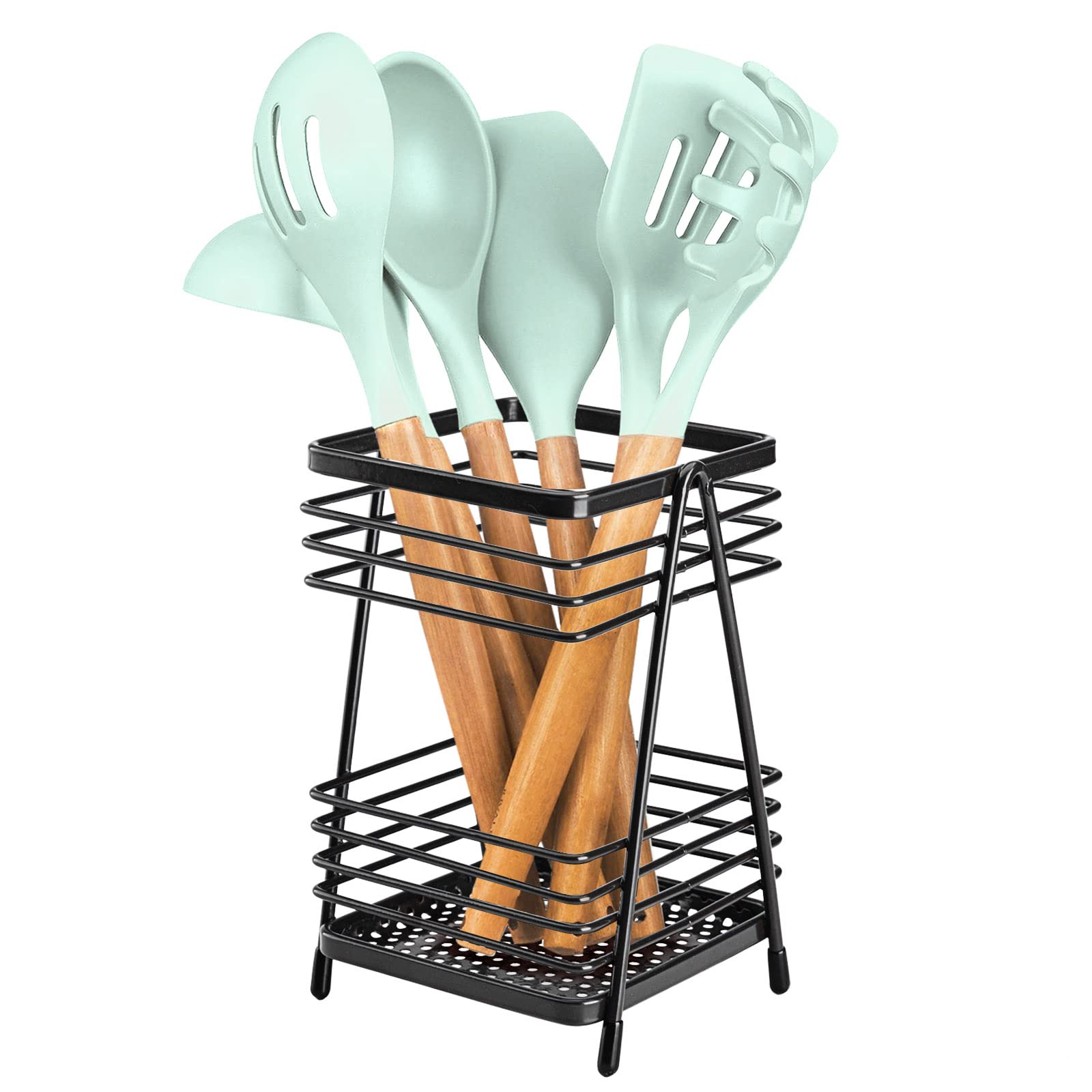 Stainless Steel Kitchen Utensil Holder - Countertop Organizer for Spoons, Forks & Cooking Tools - Black (1-Pack) - Perfect for Kitchen Counter Storage & Organization