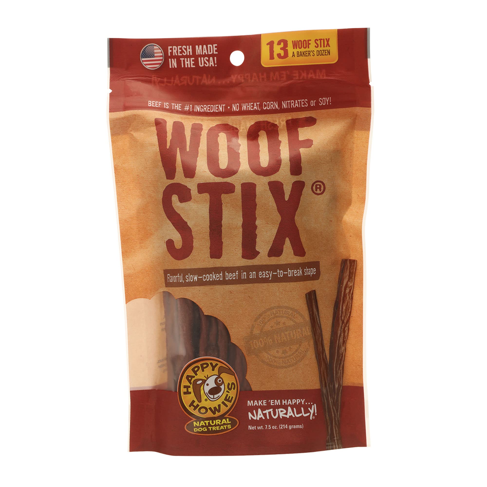 Happy Howie's Natural Beef Woof Stix - Healthy Dog Treats for Training, Made with Real Beef & All-Natural Ingredients, Chewy & Soft, Hormone-Free (13 Sticks) - Perfect for Obedience Training & Rewarding Good Behavior