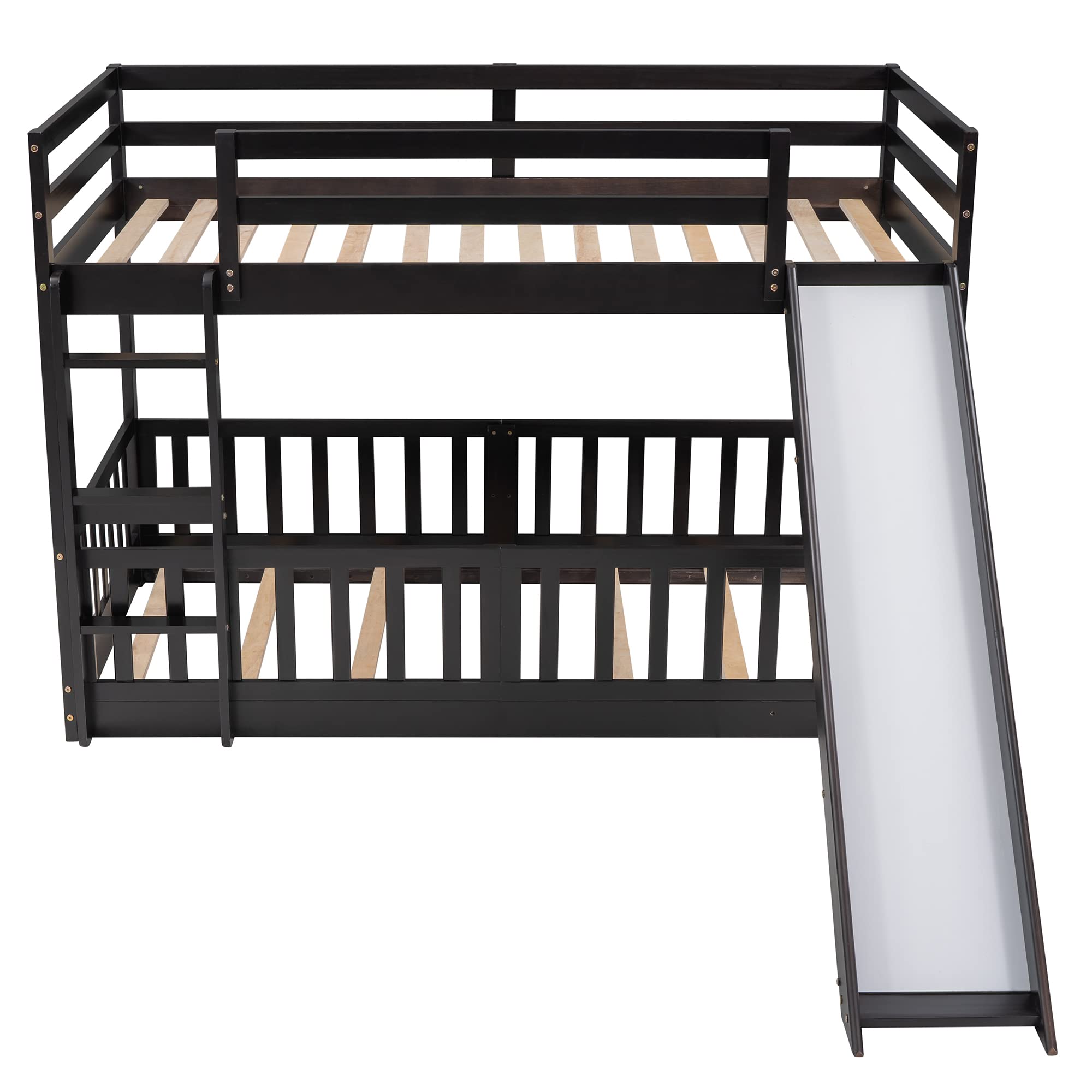 Harper & Bright Designs Twin Over Twin Low Bunk Bed with Slide - Solid Wood Kids Bunk Bed for Boys & Girls, No Box Spring Needed, Espresso Finish - Perfect for Small Bedrooms, Shared Kids Rooms & Sleepovers
