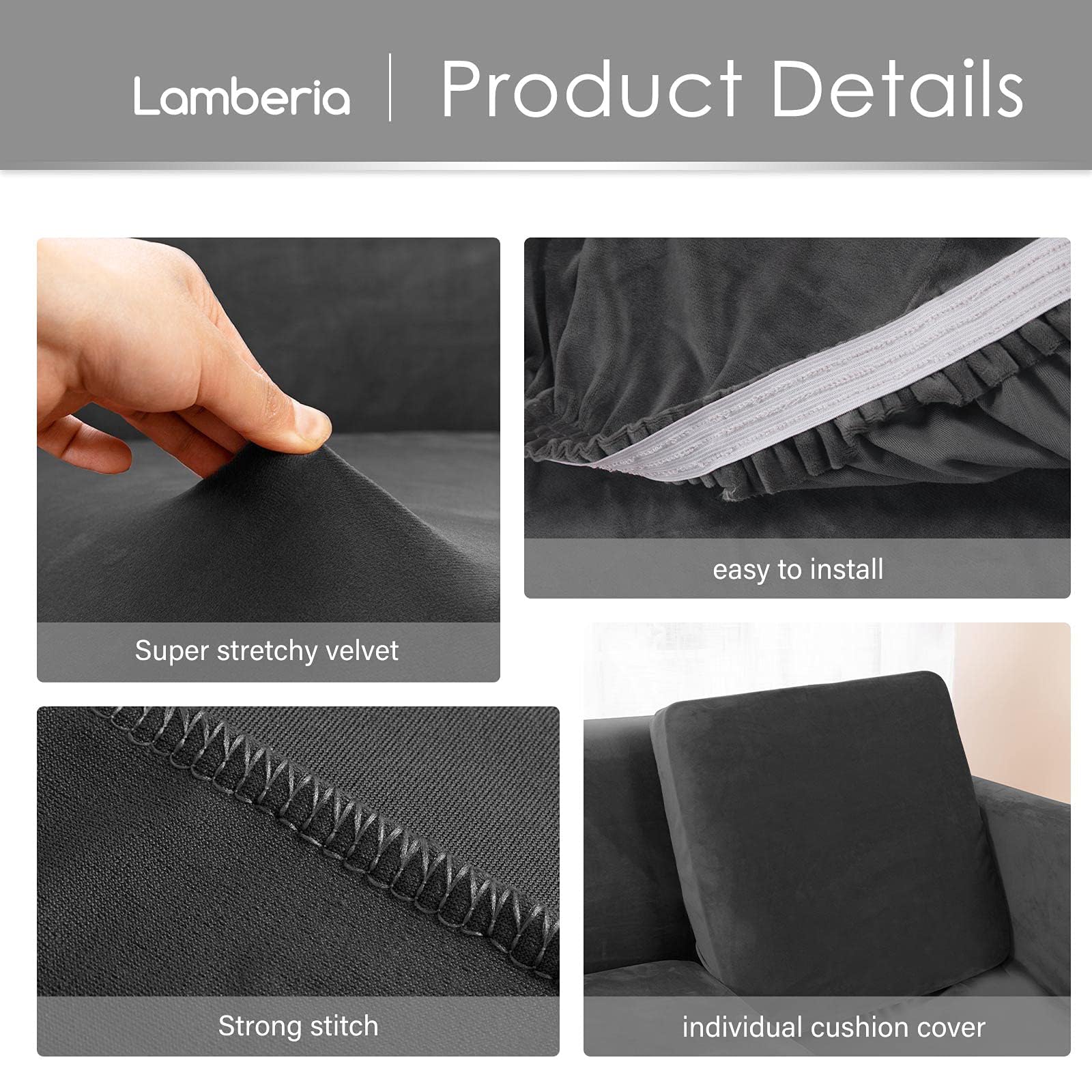 Lamberia Stretch Velvet Sofa Cover for 3 Cushion Couch - 4 Piece Washable Furniture Protector - Plush & Thick Slipcover for Pets, Kids - Sofa-L Size, Grey - Perfect for Living Room, Family Room & Pet-Friendly Homes