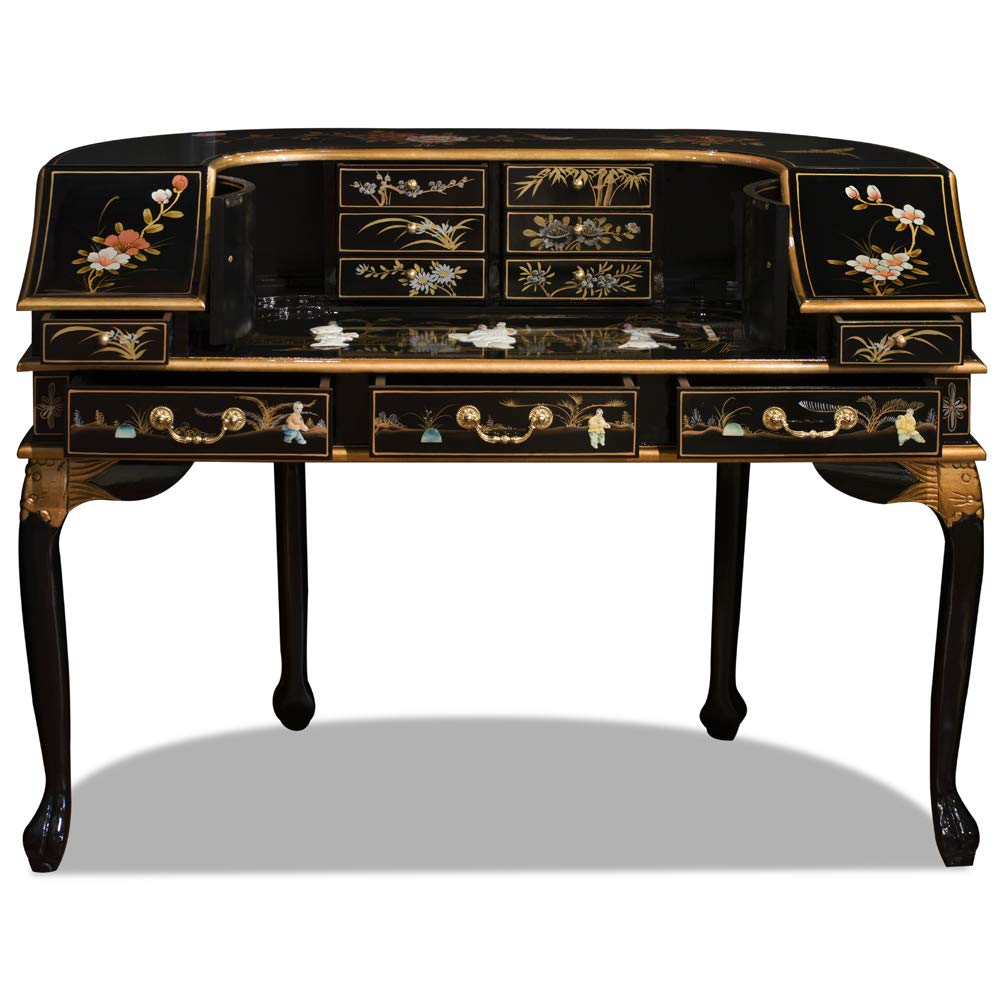 Elegant Black Lacquer Oriental Desk Set with Mother of Pearl Inlay - Harpsichord Style Writing Desk for Home Office & Study Room Decor