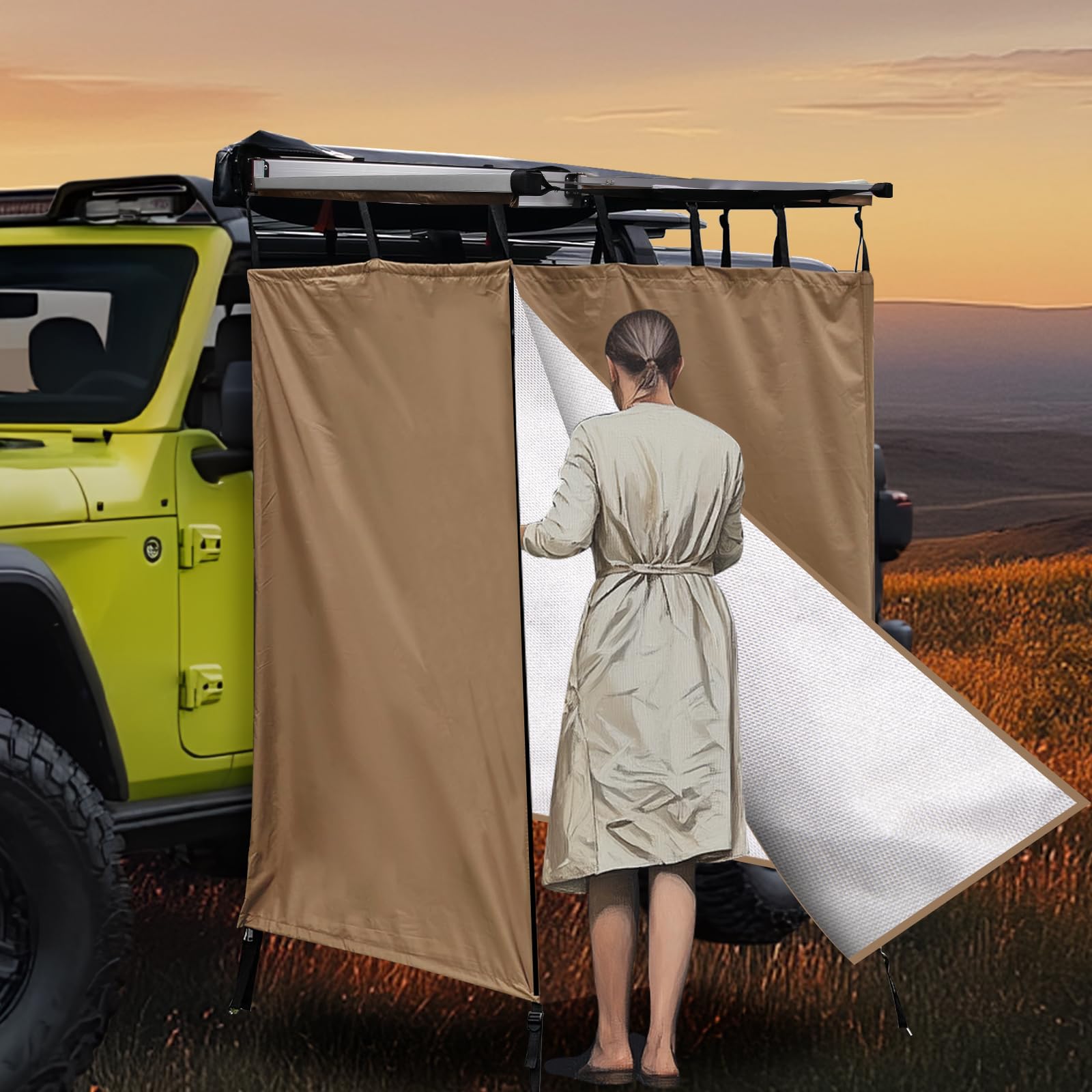 Portable Outdoor Shower Tent for Camping, RV, Van & Truck - Waterproof Privacy Shelter with Awning, Light Brown - Perfect for Road Trips, Beach & Off-Grid Adventures