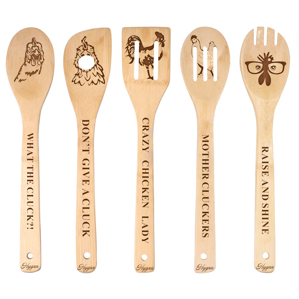 Organic Engraved Non-Stick Bamboo Cooking Spoon Set of 5 - Farmhouse Kitchen Utensils for Cooking, Baking & Serving | Unique Housewarming, Wedding, Mother's Day & Father's Day Gift for Chicken Lovers | Rustic Home Decor & Practical Kitchen Tool
