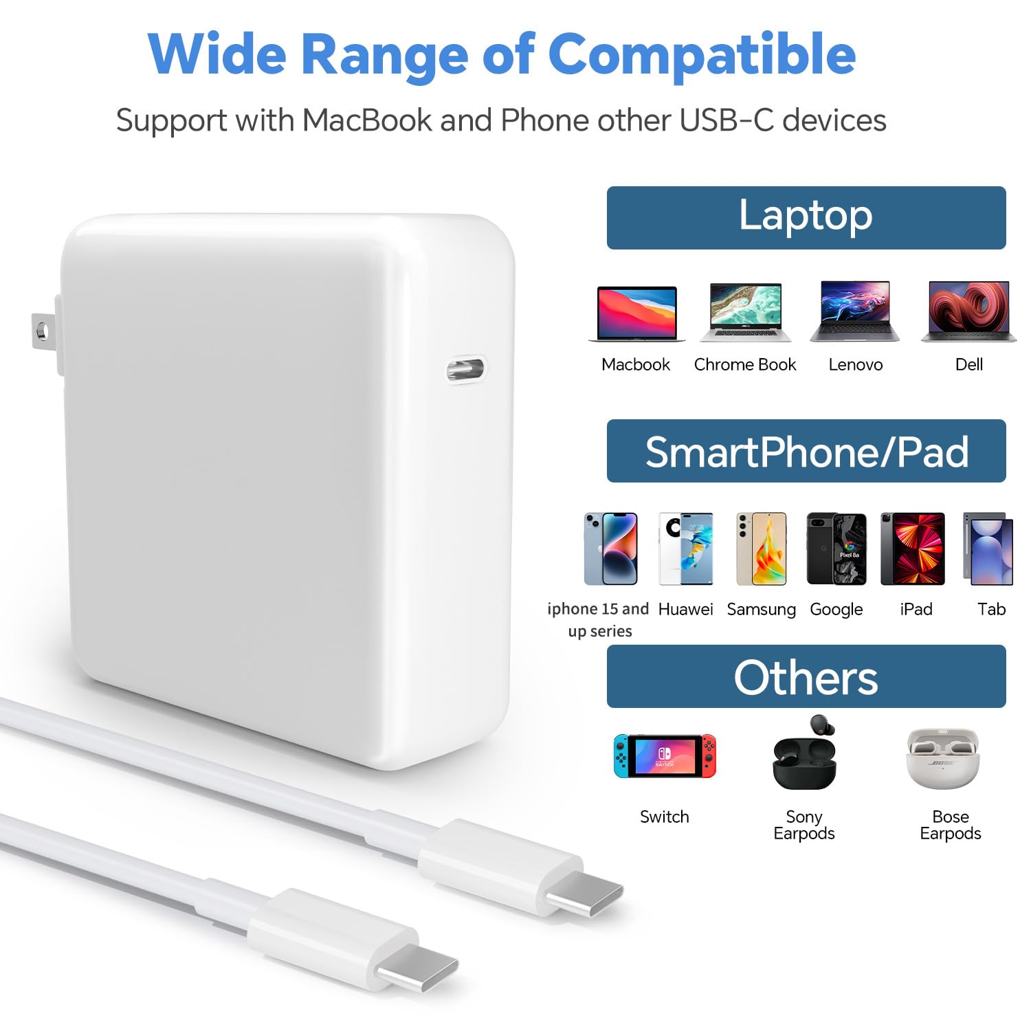 67W USB C Fast Charger for MacBook Pro & Air, iPad Pro, Samsung Galaxy - 6.6ft USB-C to C Cable Included - Perfect for Home, Office & Travel Charging