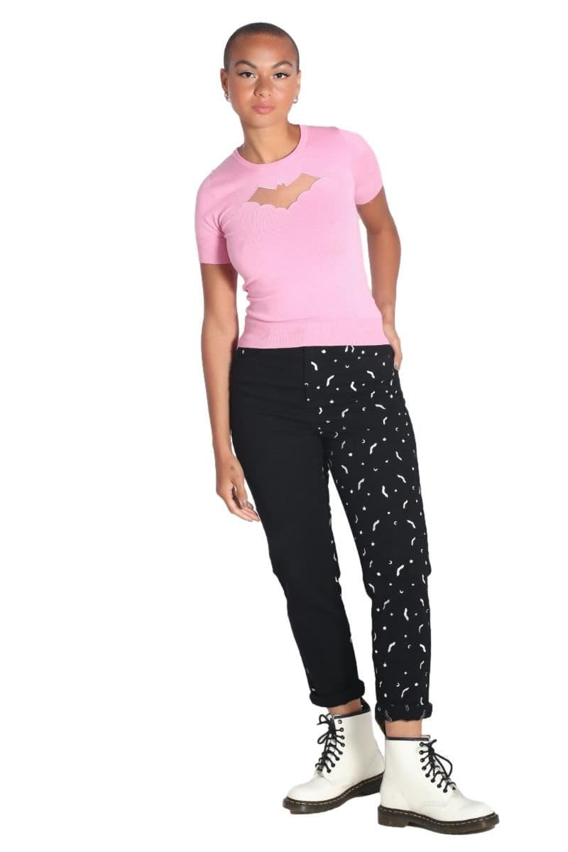 Hell Bunny Bat Duo Denim Jeans - Pink & Black Half & Half Stretch Skinny Jeans for Women | Gothic Halloween Outfit, Vintage Rockabilly Fashion, Retro Pinup Style