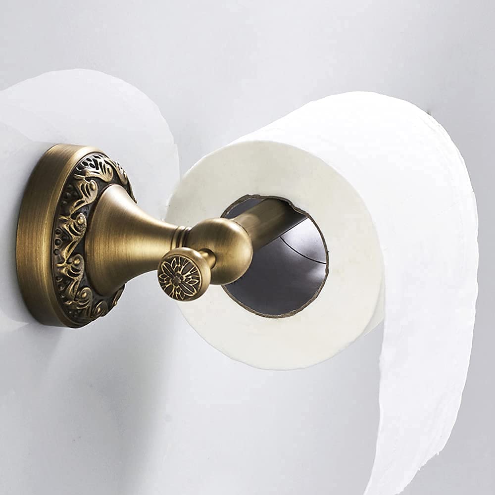 BATHSIR Antique Brass 4-Piece Bathroom Hardware Set - Adjustable Towel Bar, Expandable Towel Holder, Toilet Paper Holder, Towel Ring & Robe Hook - Vintage Carved Wall Mount Accessories for Classic & Farmhouse Style Bathrooms