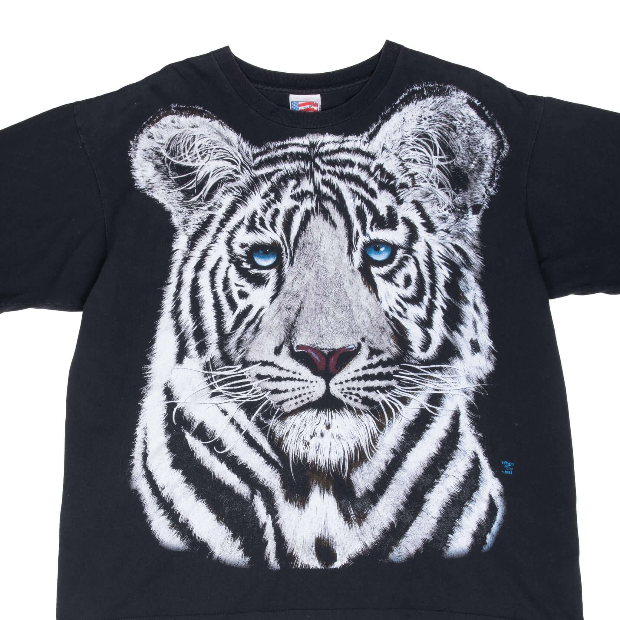 Vintage 1992 White Tiger Animal Print T-Shirt XL - Made in USA - Retro Graphic Tee for Men & Women - Perfect for Casual Wear, Street Style & 90s Fashion Lovers