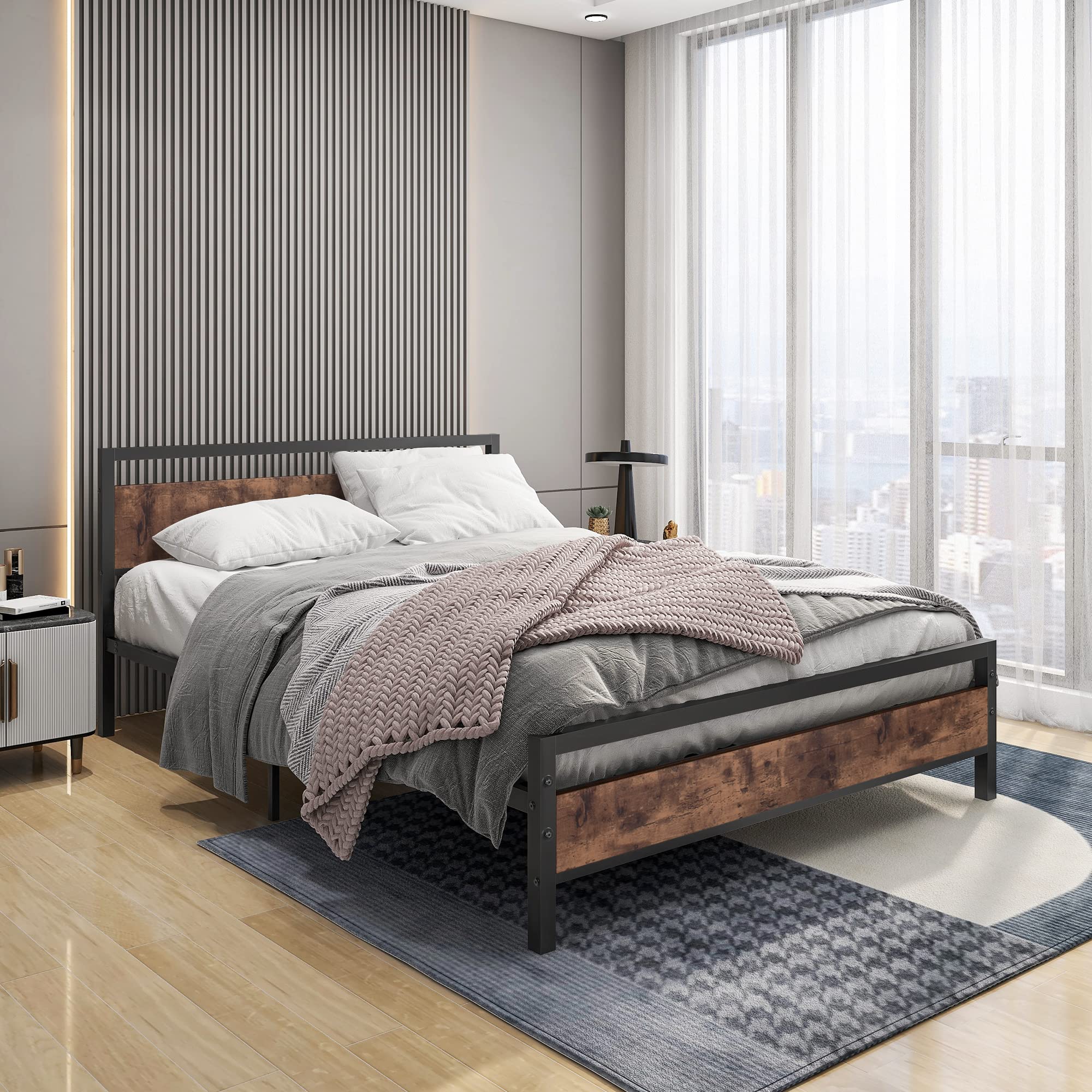 BOFENG Black Queen Size Bed Frame with Wood Headboard - Heavy Duty Platform Bed with Storage, No Box Spring Needed, Sturdy Steel Slats, Noise Free (Brown) - Perfect for Master Bedrooms, Guest Rooms & Small Spaces