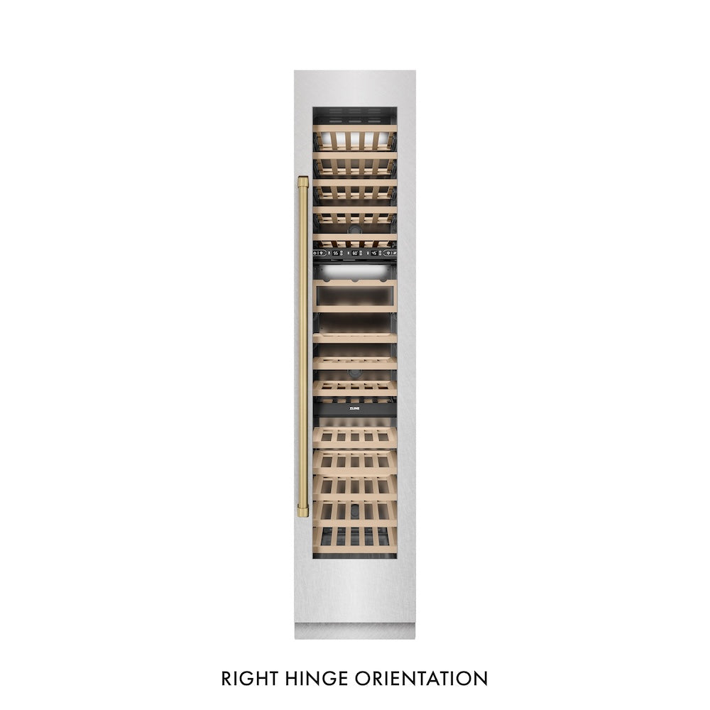 ZLINE Autograph Edition 18 Inch 9.0 cu ft Triple Zone 68 Bottle Right Hinge Column Wine Cooler - Satin Stainless Steel with Champagne Bronze Accents (RCWVRZ SN 18 CB) | Perfect for Wine Cellars, Restaurants, and Home Bars