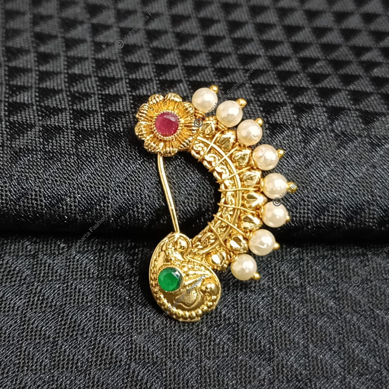 Vighnaharta Gold Plated Pearl Alloy Nose Ring with Artificial Multi-Stones - Non-Piercing Maharashtrian Nathiya Nose Pin - Valentine's Day Gift for Women & Men (VFJ1135NTH-Press-Multi) - Perfect for Weddings, Festivals & Ethnic Fashion