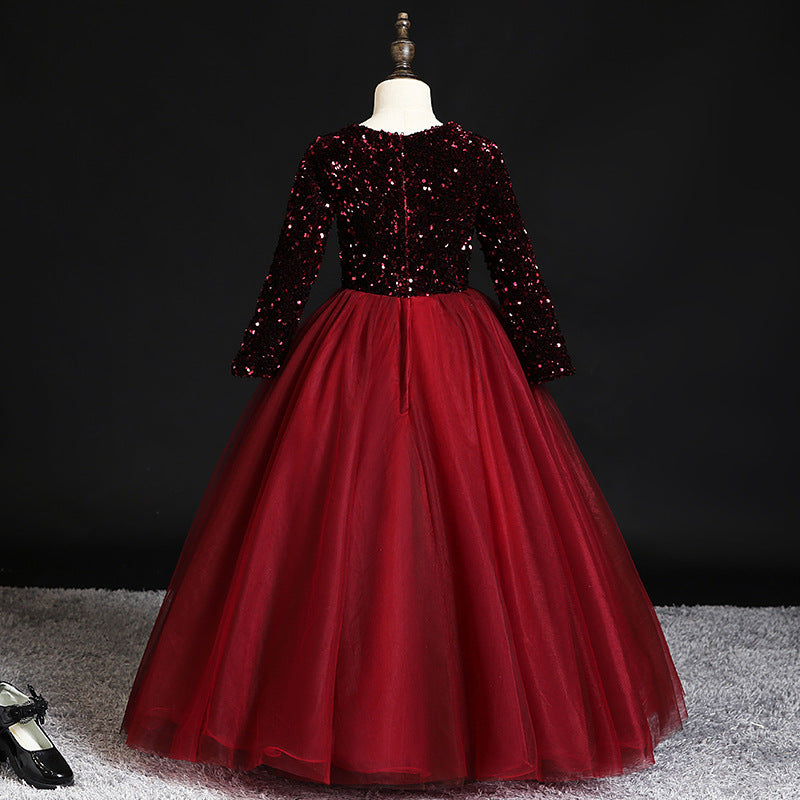 Elegant Burgundy Sequined Tulle A-Line Flower Girl Dress with Long Sleeves - Perfect for Weddings, Pageants & Special Occasions