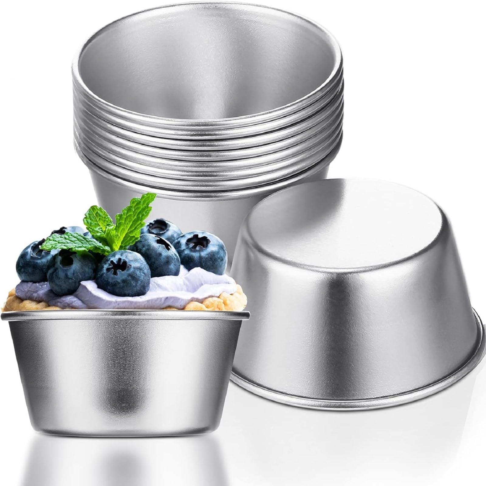 10-Piece Nonstick Carbon Steel Flan Molds Set - 2.6x2x1.3 Inch Round Tart Pans for Egg Tarts, Puddings, Cupcakes & Molten Chocolate Cakes - Perfect for Baking, Dessert Making & Party Treats