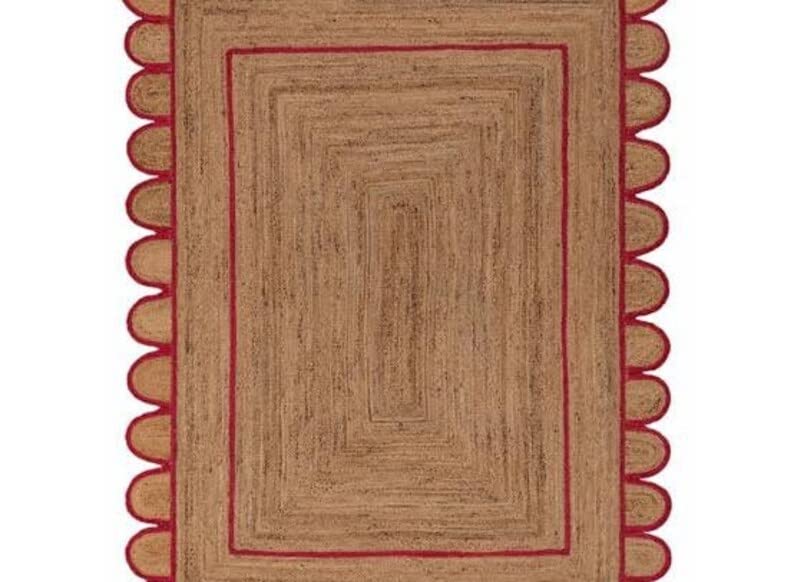 Bohemian Scallop Pattern Jute Area Rug - Pink Handwoven Natural Fiber Floor Mat 2'6