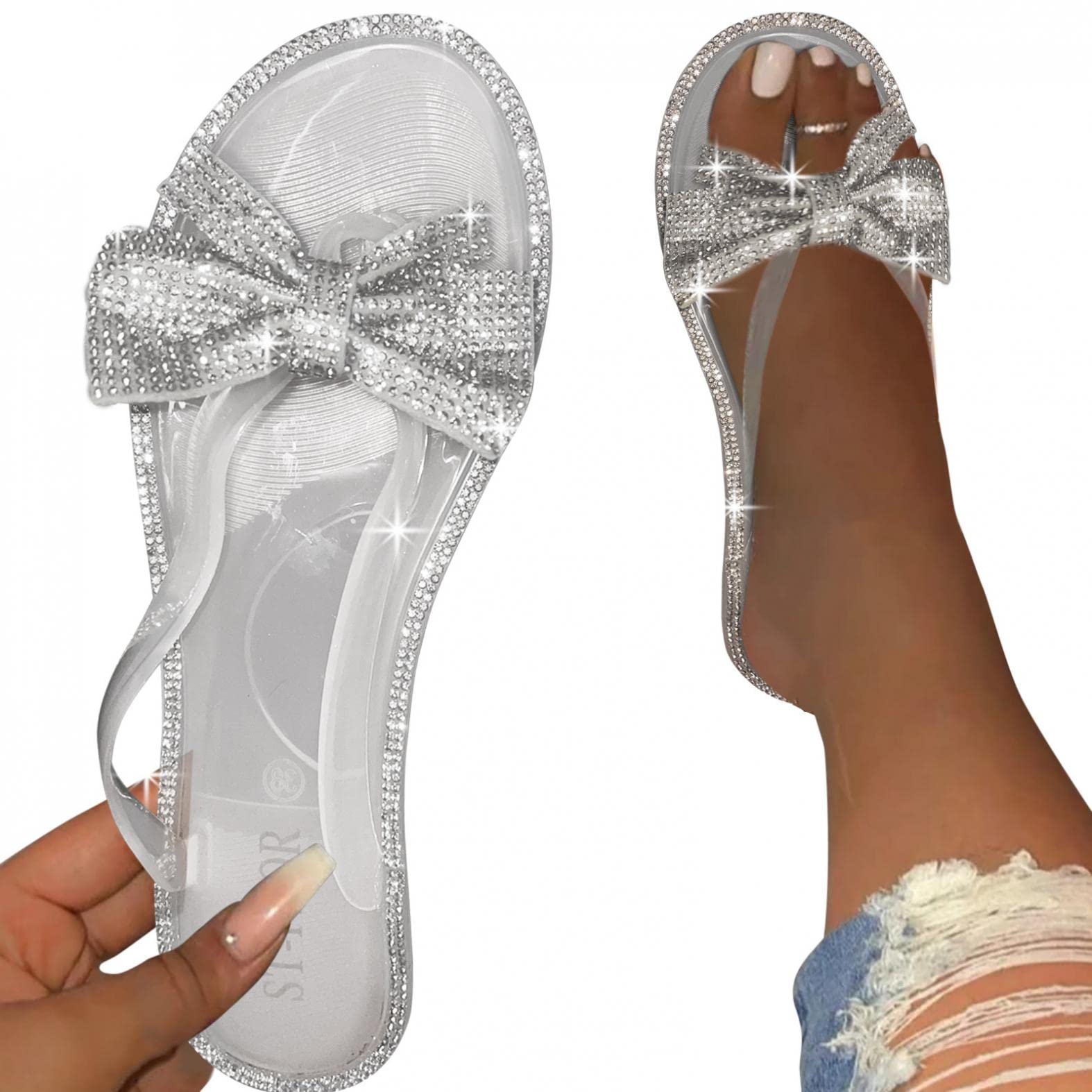 Stylish Women's Rhinestone Sandals with Bowknot Decoration - Open Toe Summer Slippers & Flats for Casual Wear, Beach, Parties, and Outdoor Activities