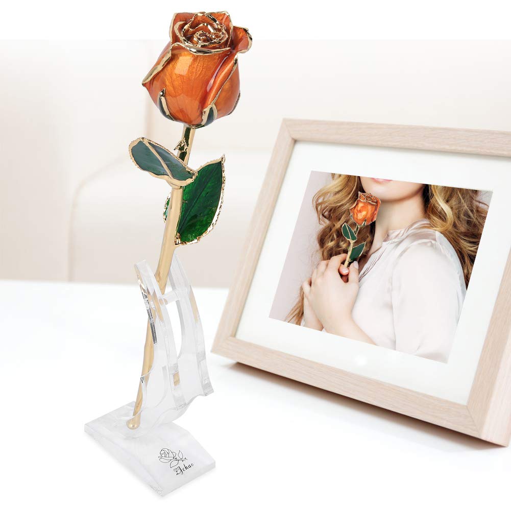 24K Gold Plated Real Rose - Luxury Dipped Flower Gift for Women, Wife, Mom, Grandma - Birthday, Anniversary, Wedding Present - Perfect for Romantic Occasions, Home Decor & Special Celebrations (Orange)
